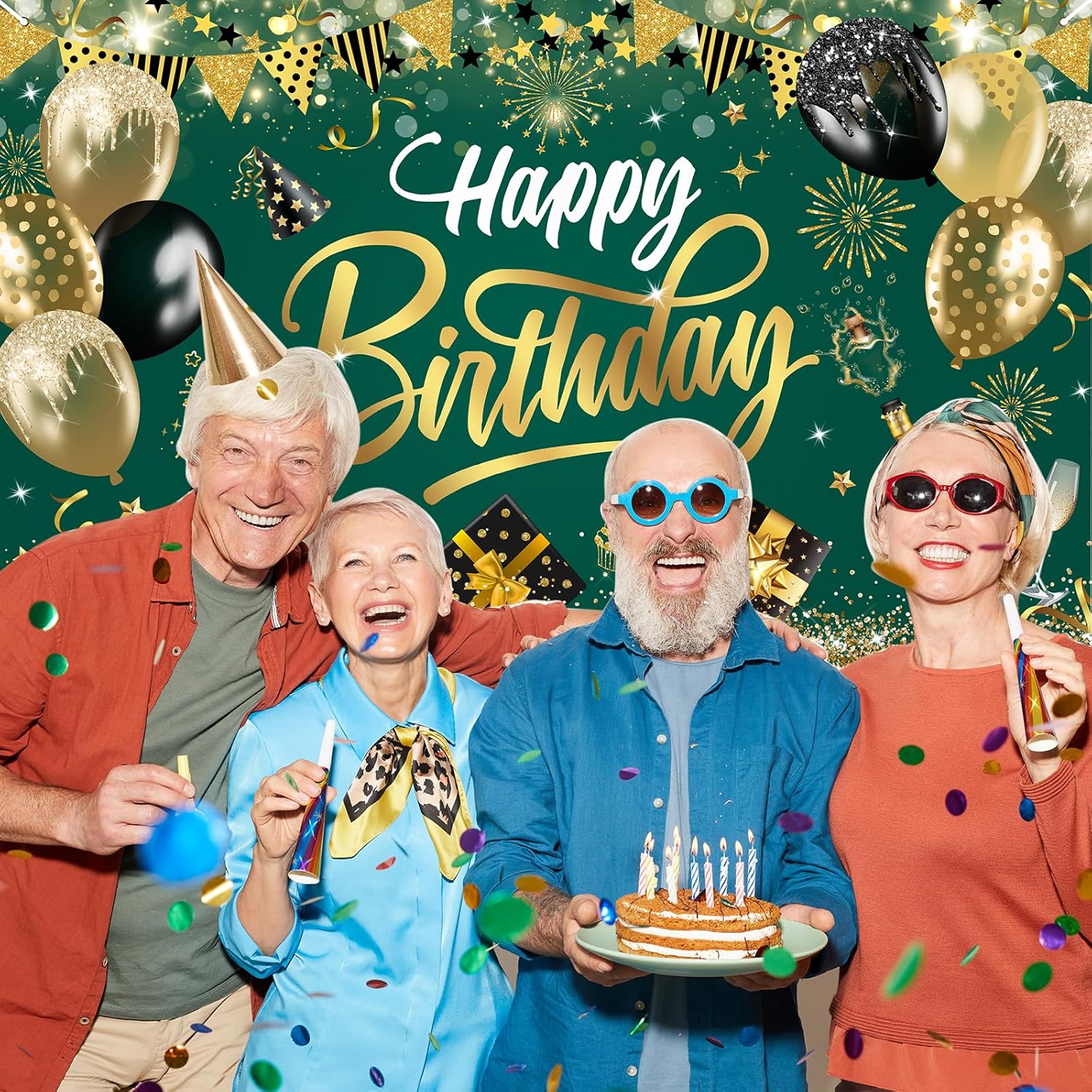 Happy Birthday Backdrop Green Gold Party Decoration Photo Booth Prop