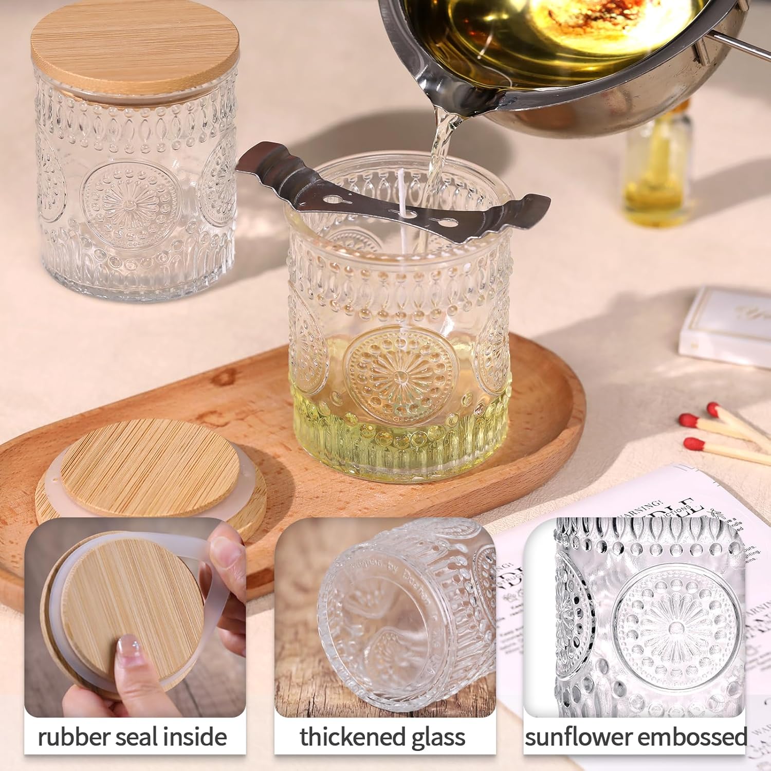 DARJEN 10 Pack Clear Candle Jars with Bamboo Lids and Labels