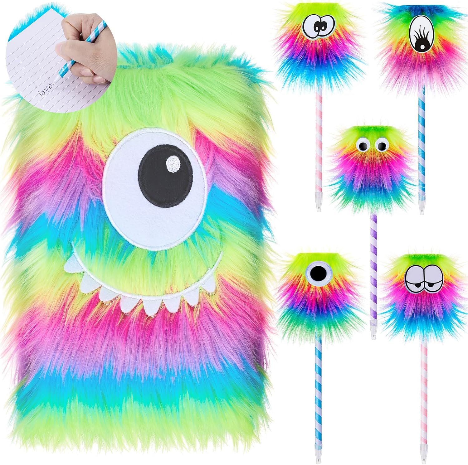 Outus Fluffy Rainbow Pens and Monster Notebooks Set