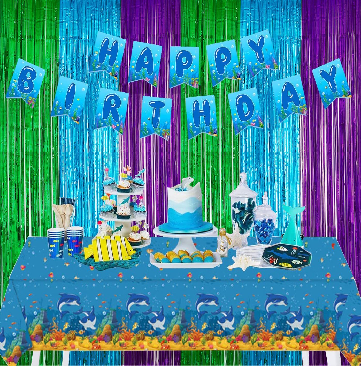 2 Pack 33ft x 66ft Green Blue Purple Tinsel Foil Backdrop