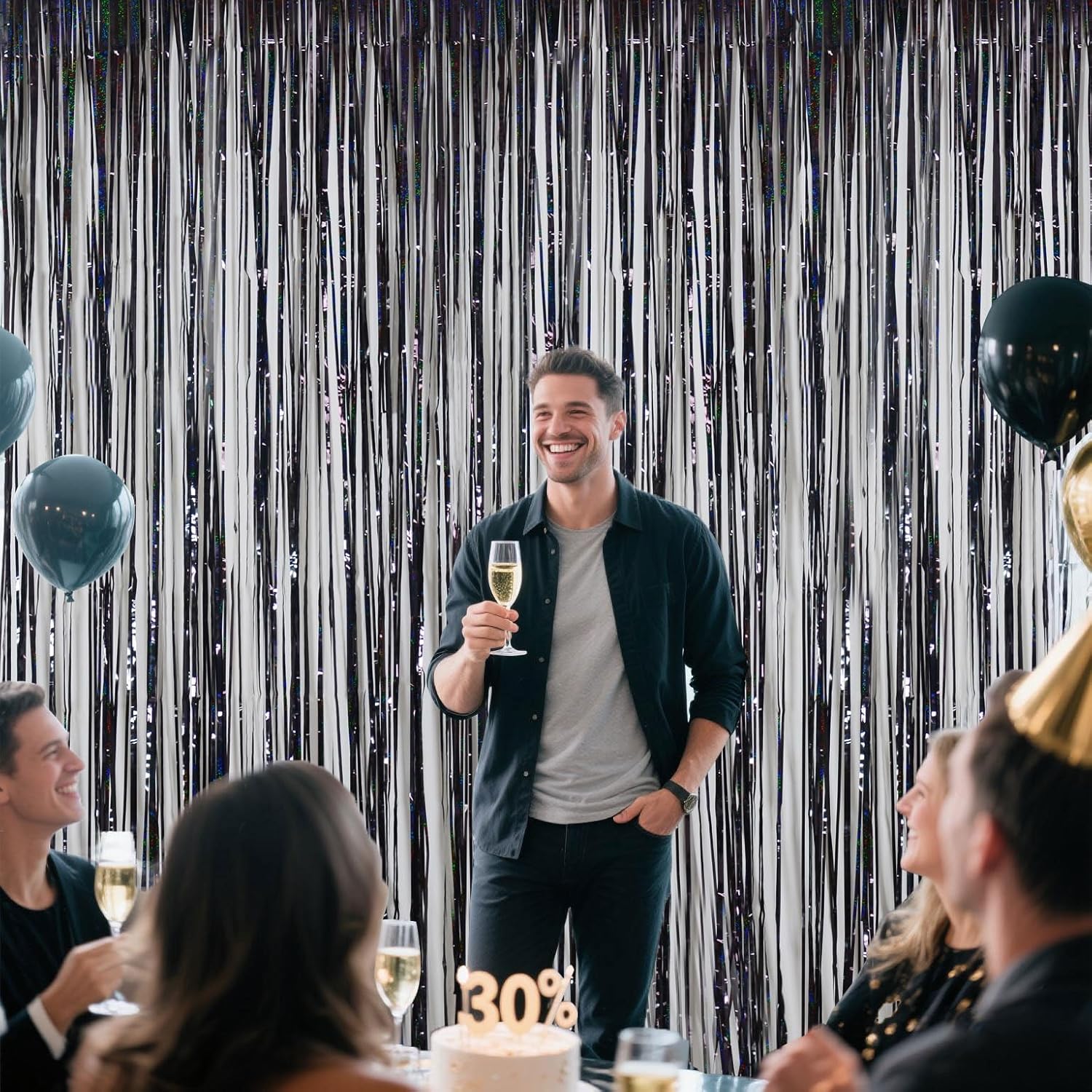 Elegant Black Fringe Backdrop - 328 x 656ft Shiny Tinsel Curtains for Events