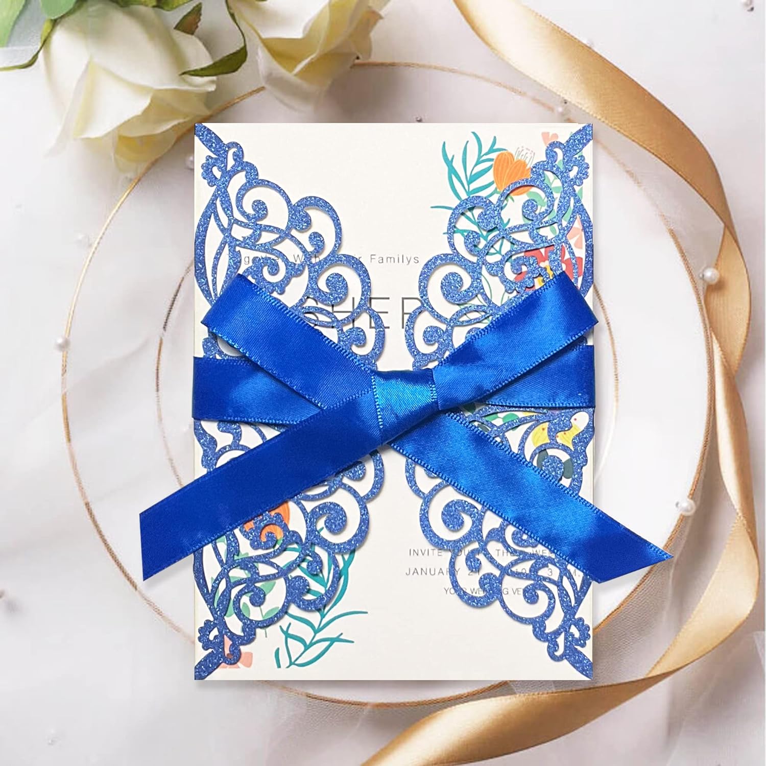 50Pcs Laser Cut Blue Wedding Invitations with Glitter Envelopes Ribbons