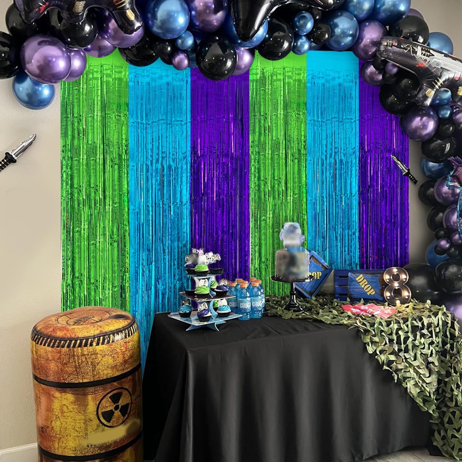 2 Pack Video Game Foil Fringe Curtains Backdrop for Birthday Parties