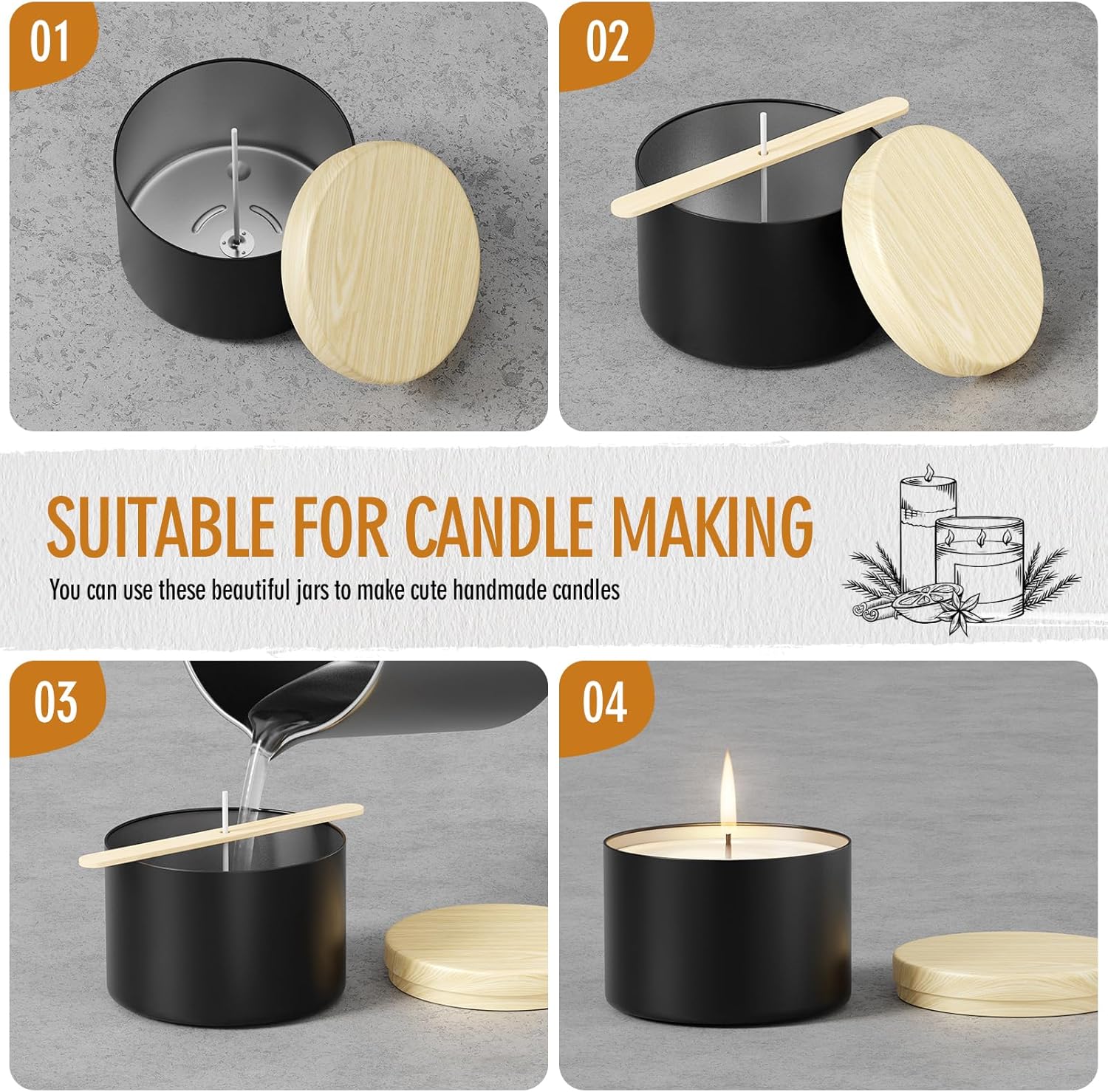 Arxinor 4 oz Candle Jars 24 pcs with Lid Black-Woodgrain