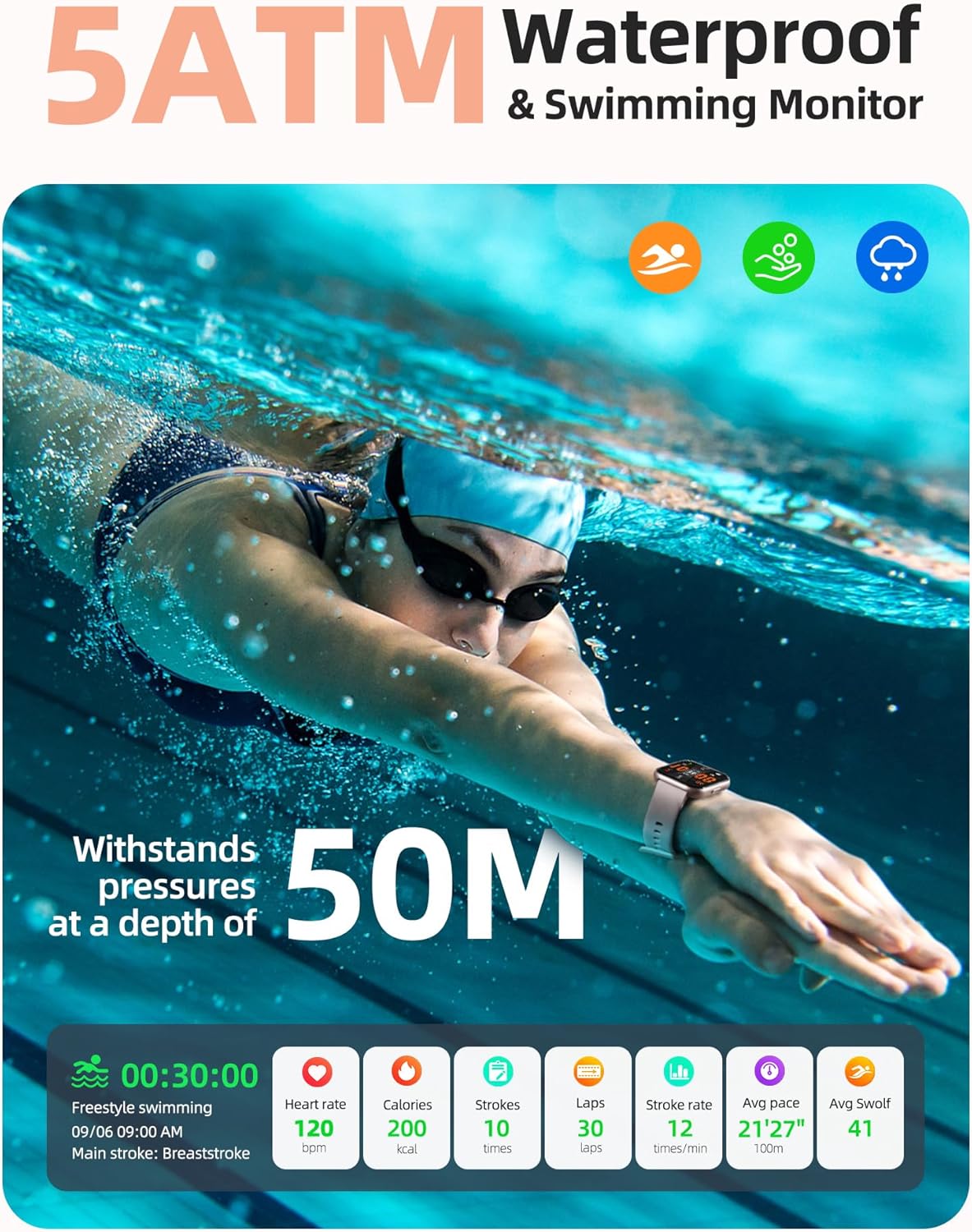 Parsonver Smart Watch Rose Gold 5ATM Waterproof