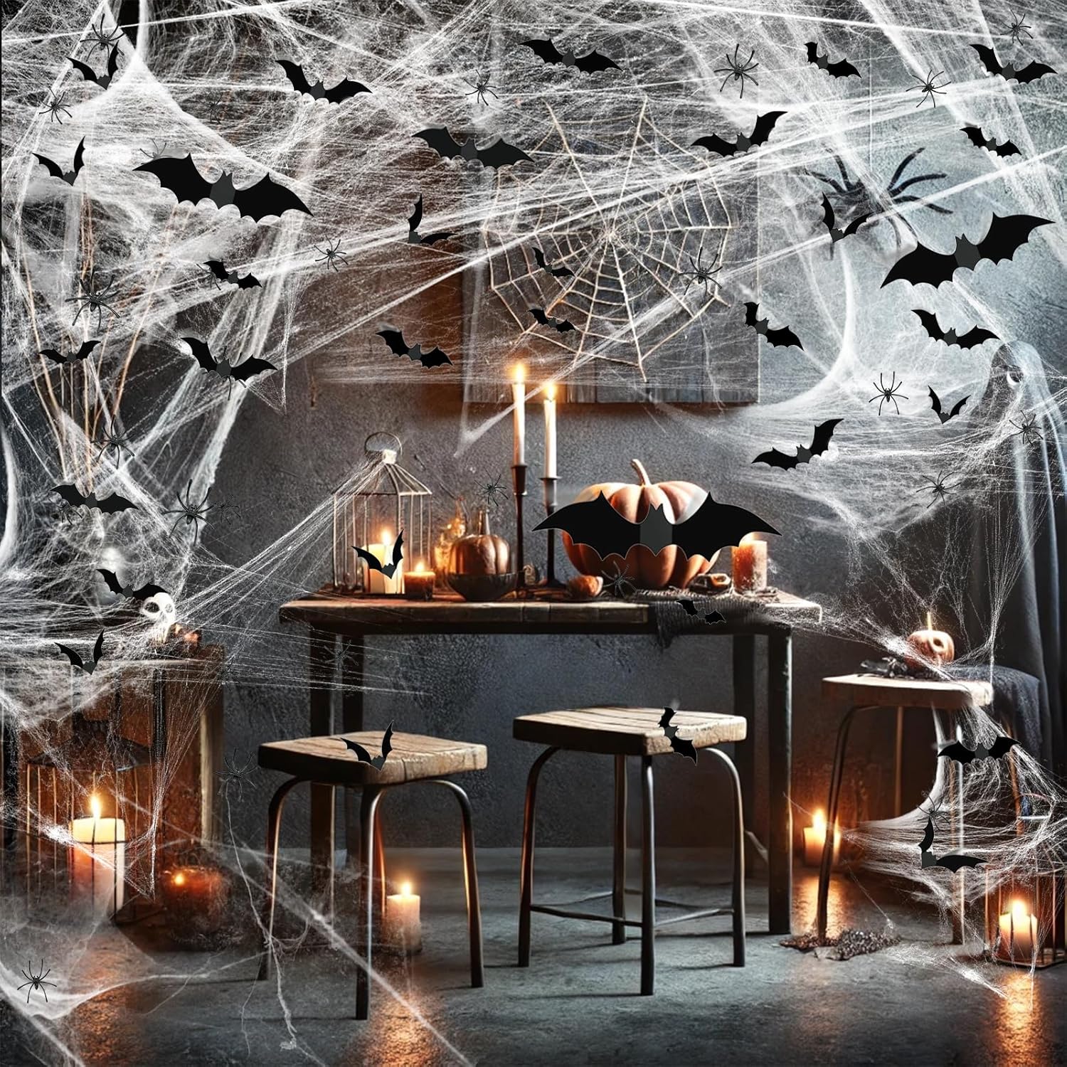 Famoby 1200 sqft Halloween Spider Webs and 120pcs Fake Bats
