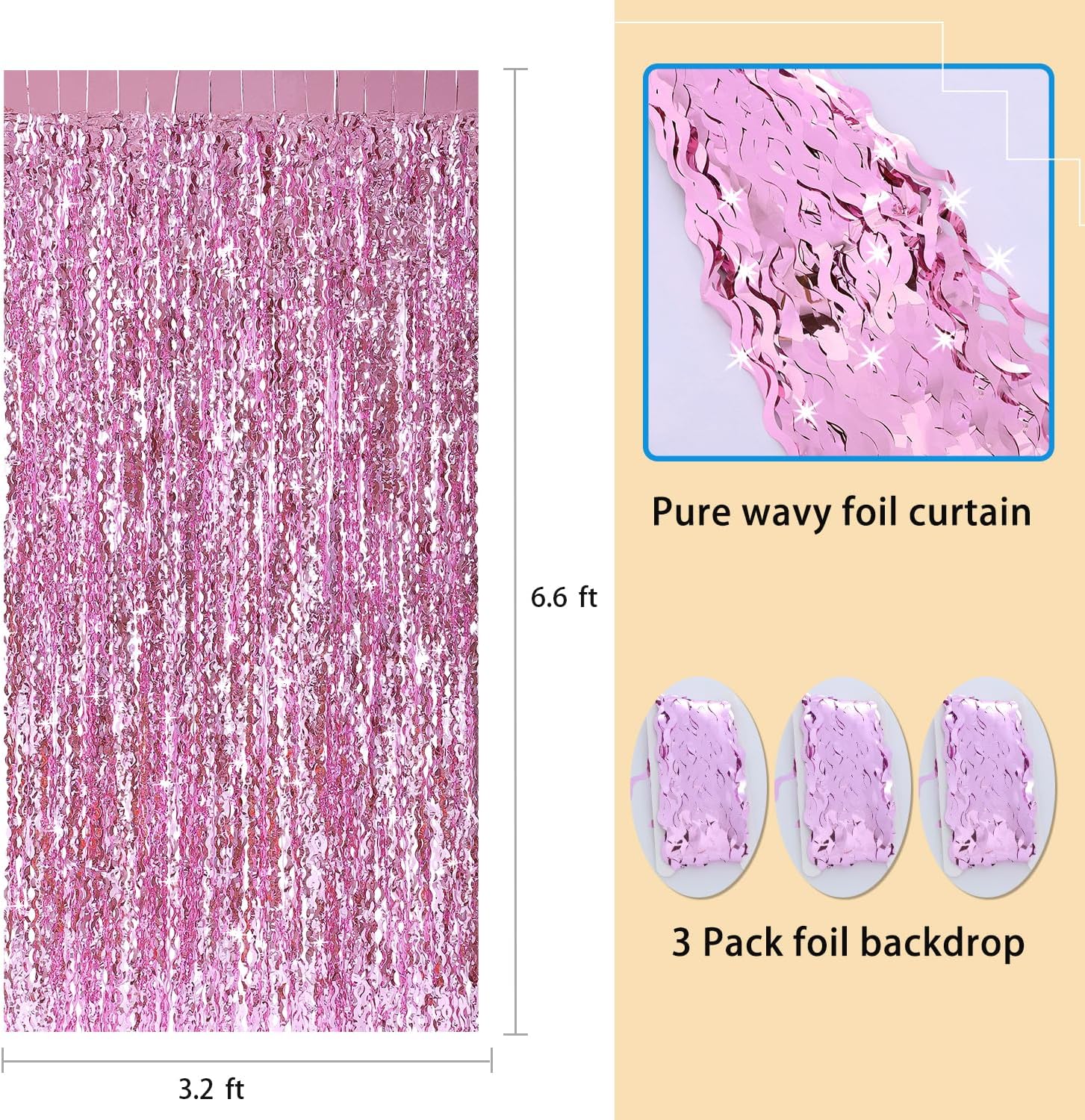Foil Fringe Curtain Pink Wavy 33 x 66 Feet Pack of 3