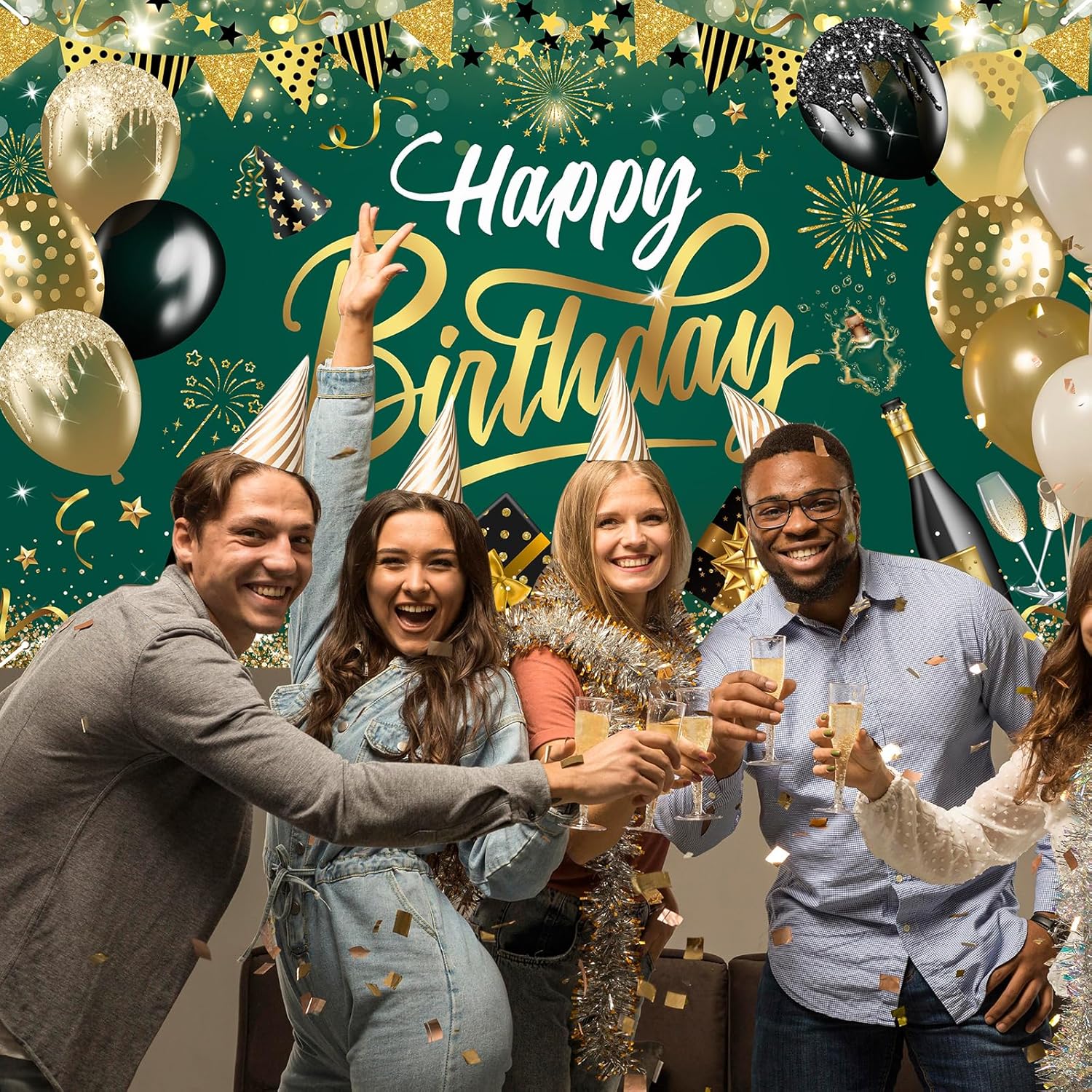 Happy Birthday Backdrop Green Gold Party Decoration Photo Booth Prop
