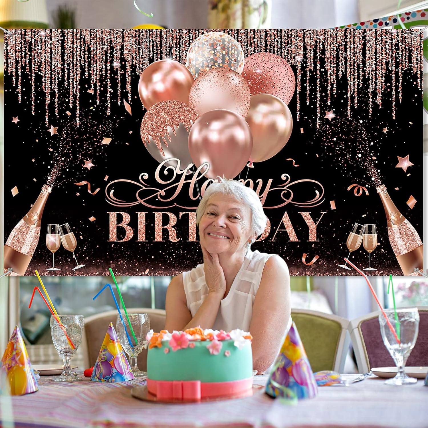 Tatuo Happy Birthday Backdrop Decorations Black Silver Rose Gold