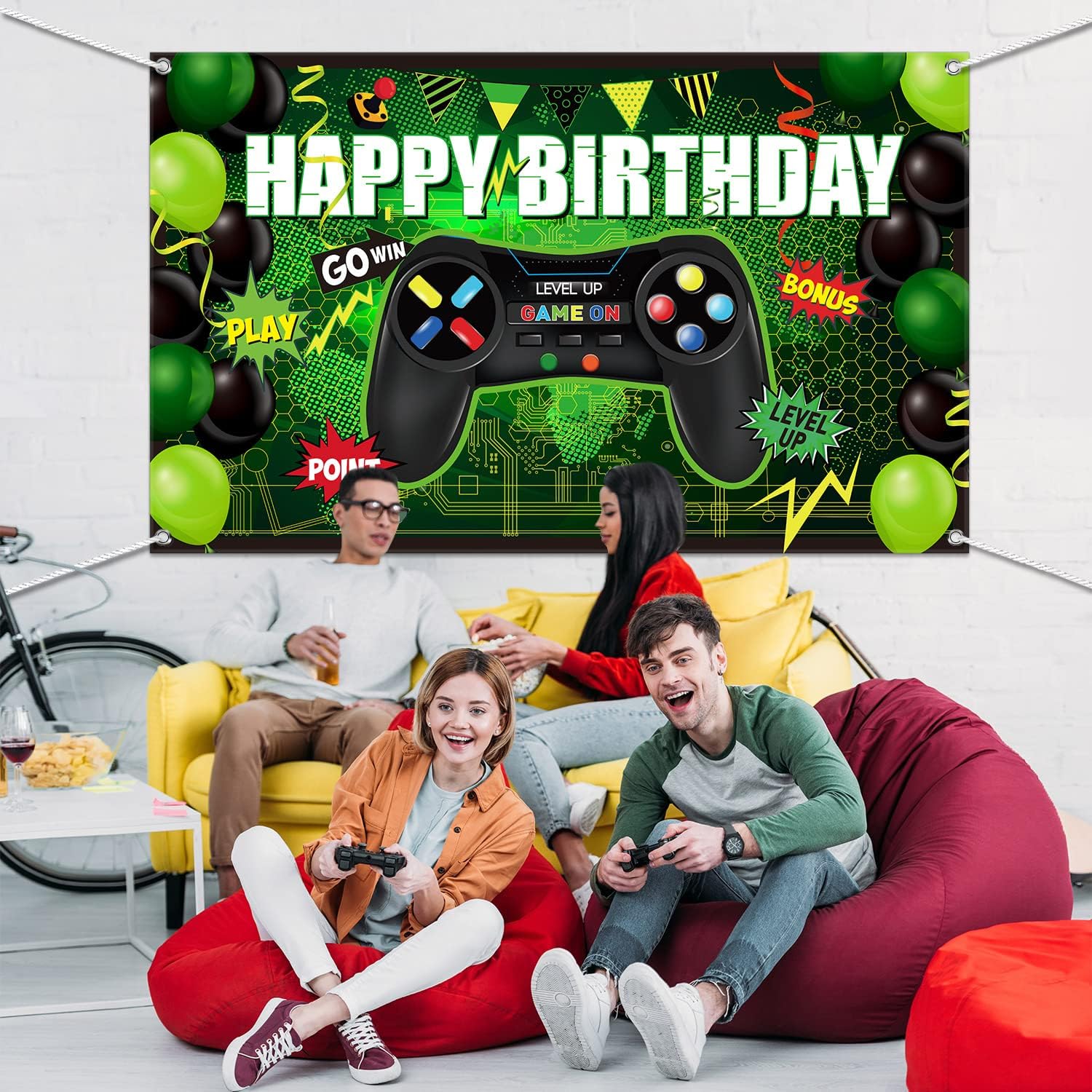 Blulu Gamer Themed Birthday Backdrop Banner Green