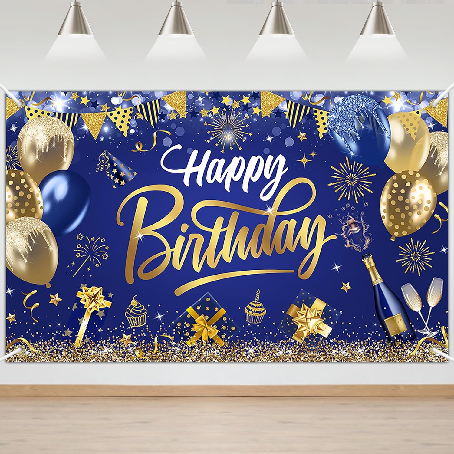 Mocsicka Happy Birthday Backdrop Blue Gold 6x36ft