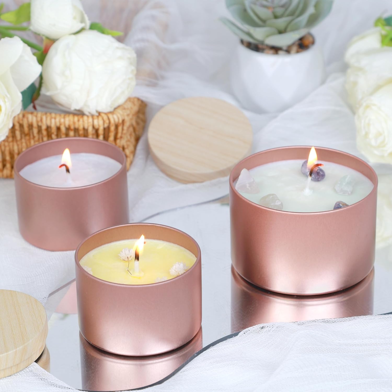 CONNOO 24 Pack Rose Gold Candle Tins with Lids for Candle Making