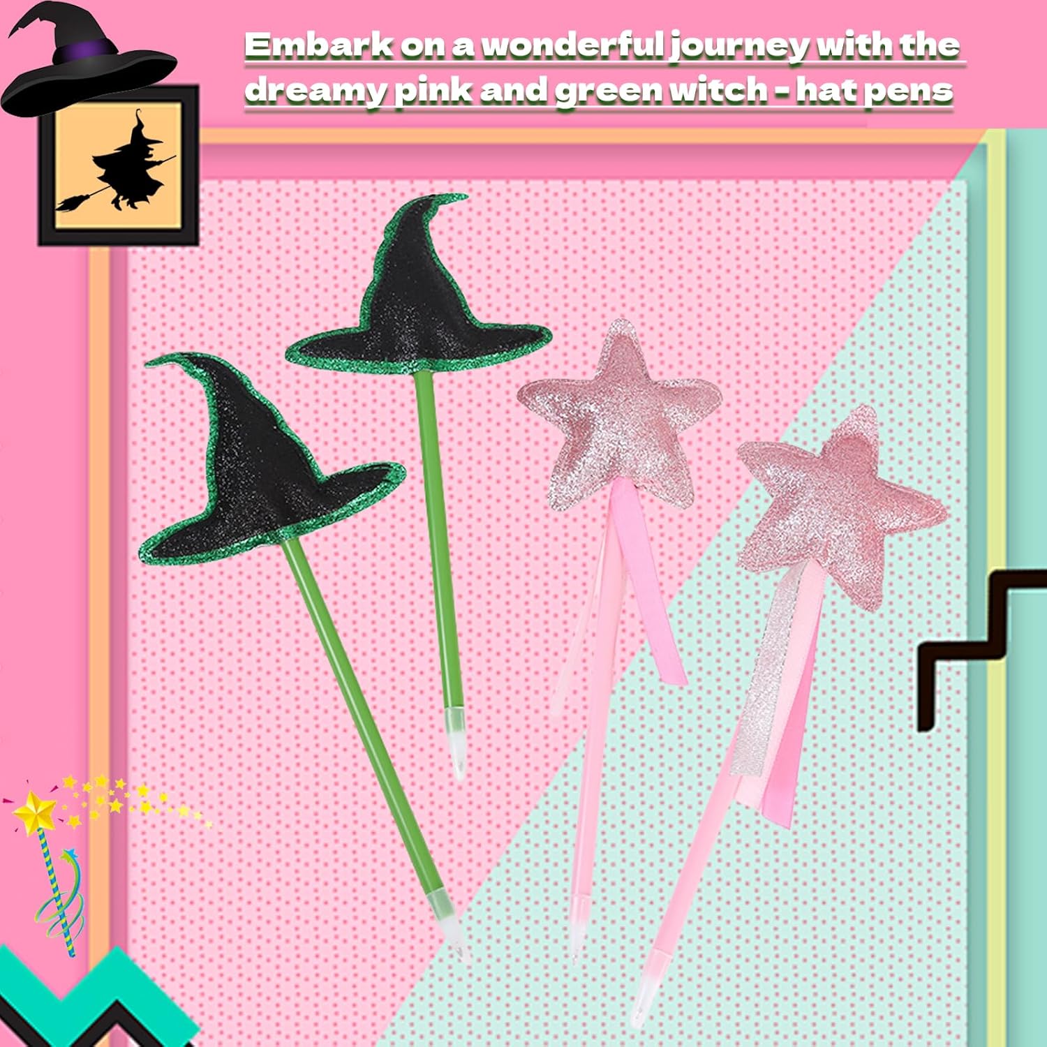16 Pack Halloween Party Favors with Pink Star and Green Witch Hats