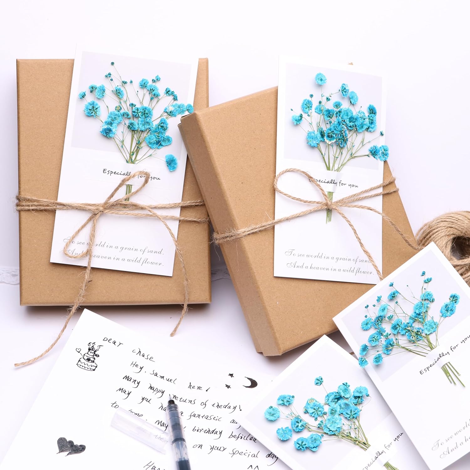 Lake Blue Gypsophila Dried Flowers Greeting Card Set