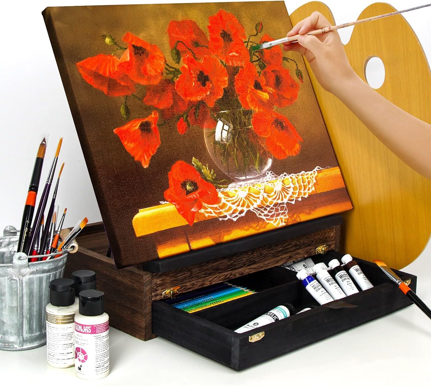 J JACKCUBE DESIGN Rustic Wood Adjustable Easel with Storage Drawer