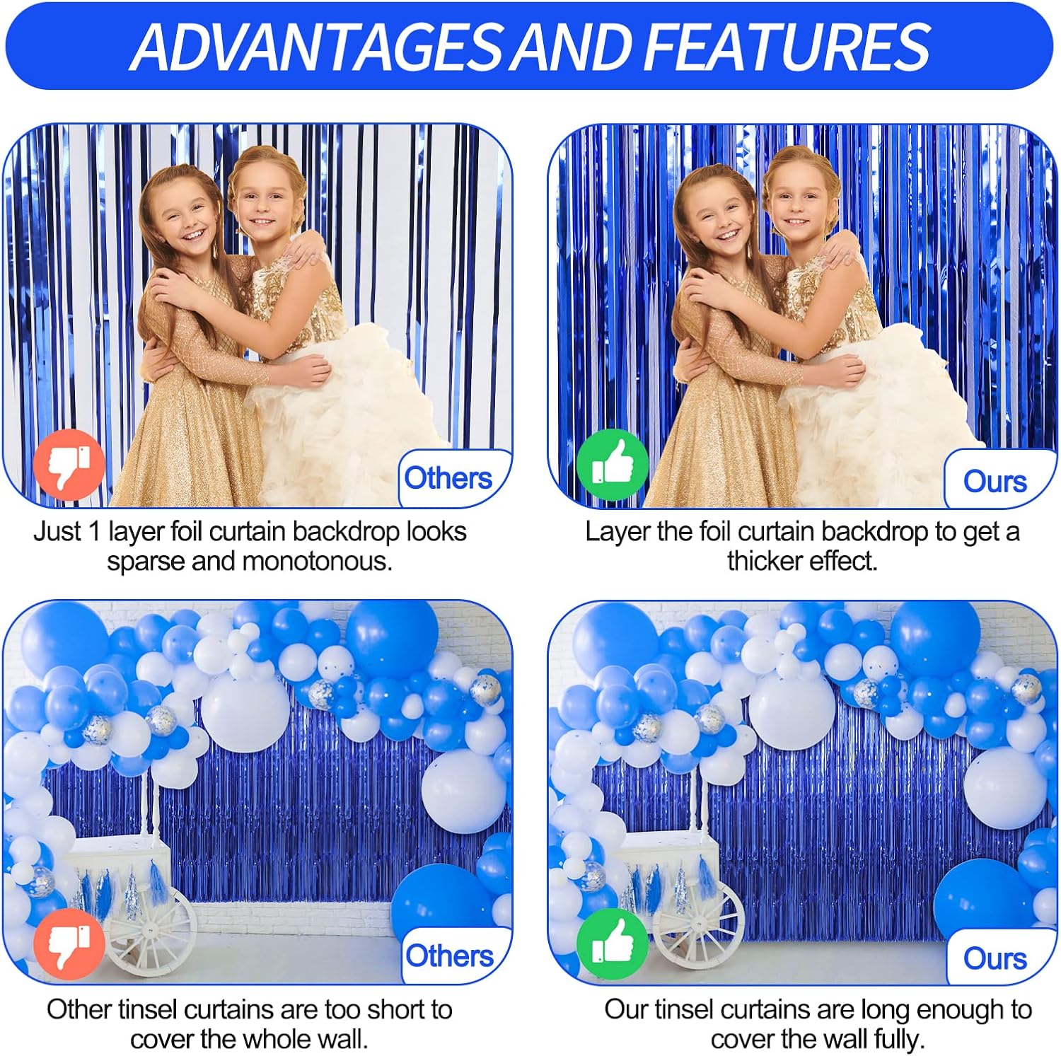 Crosize 3 Pack Foil Fringe Backdrop Curtains 33x99ft Blue