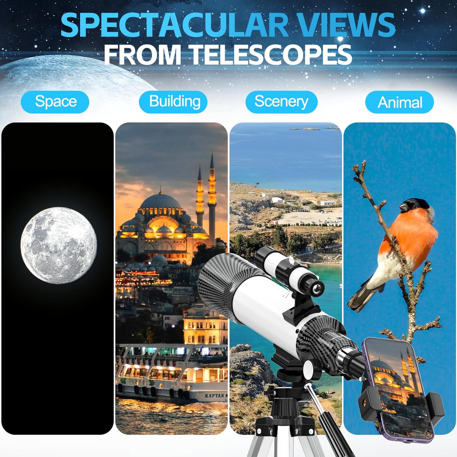 70mm Aperture Telescope for Adults Kids with Phone Adapter and Tripod