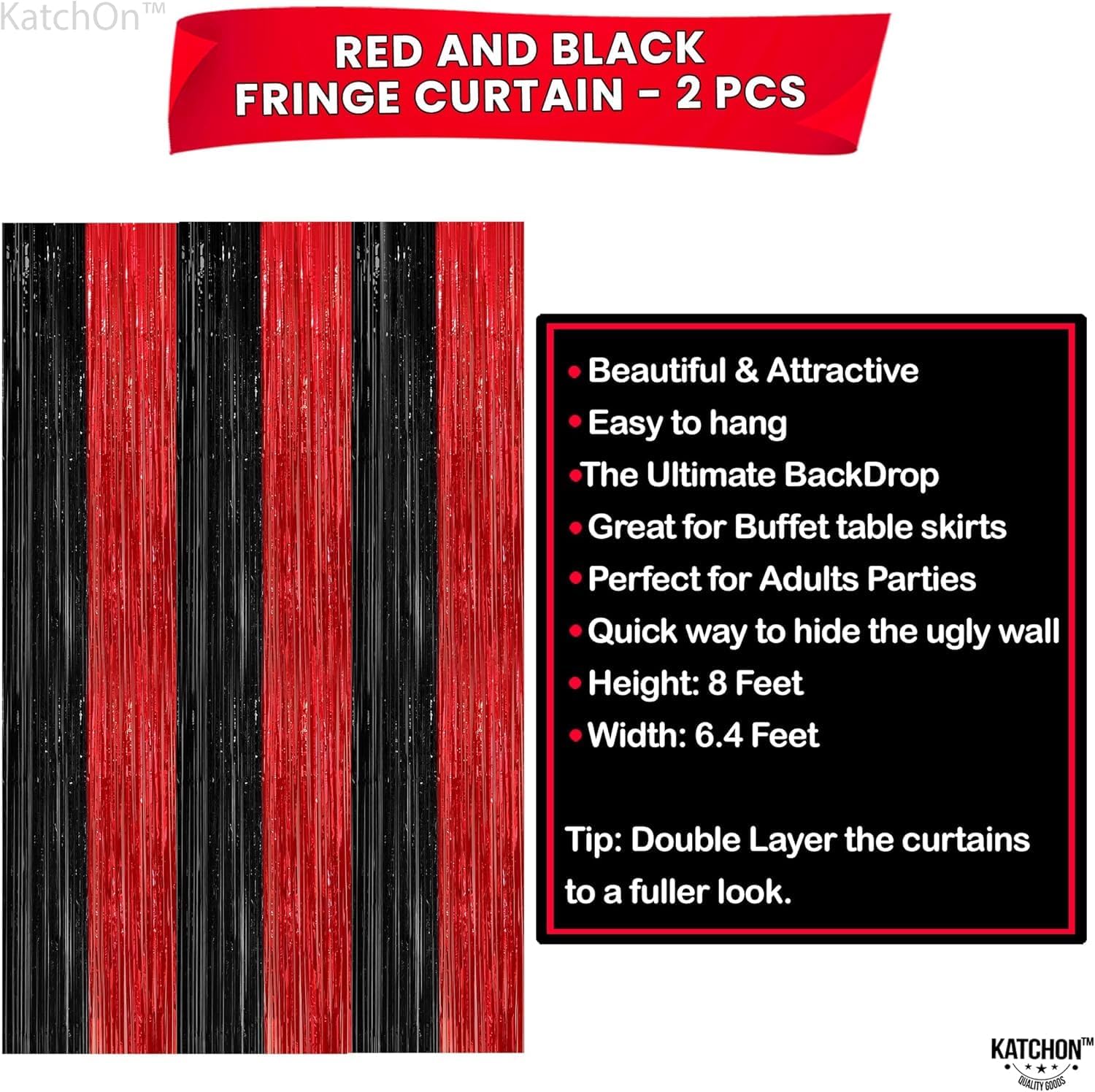 KatchOn Red and Black Fringe Curtain - 64x8 Ft Pack of 2