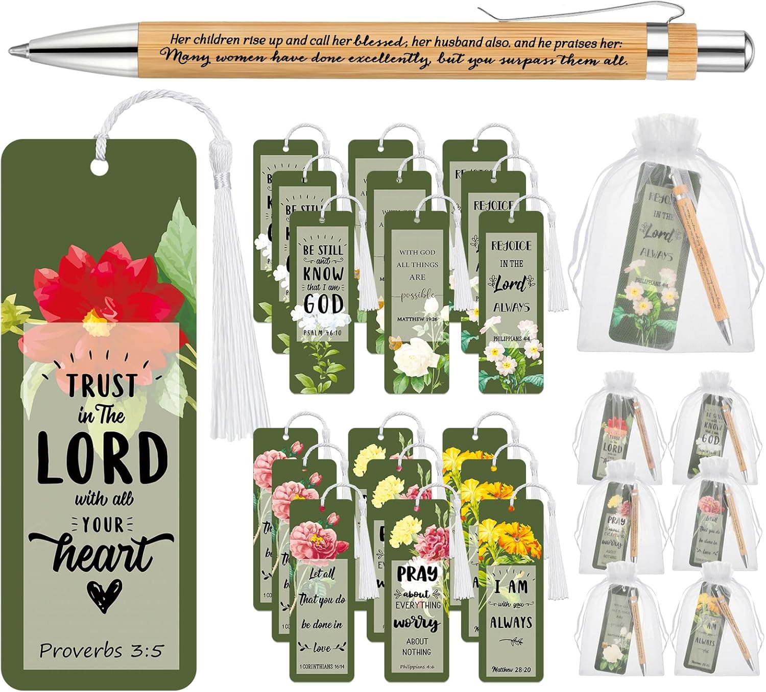 Spakon 100 Set Mothers Day Bible Verse Bookmarks Bamboo Pens Gift Bags