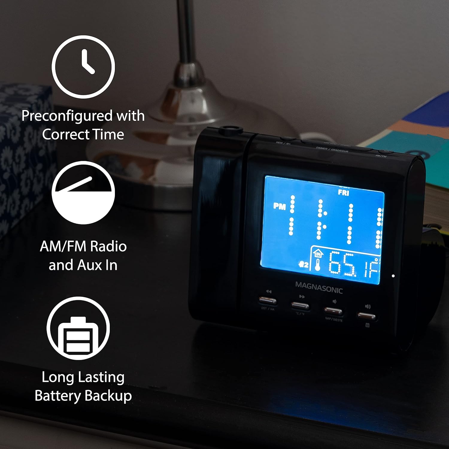Magnasonic Projection Alarm Clock with AMFM Radio and Battery Backup