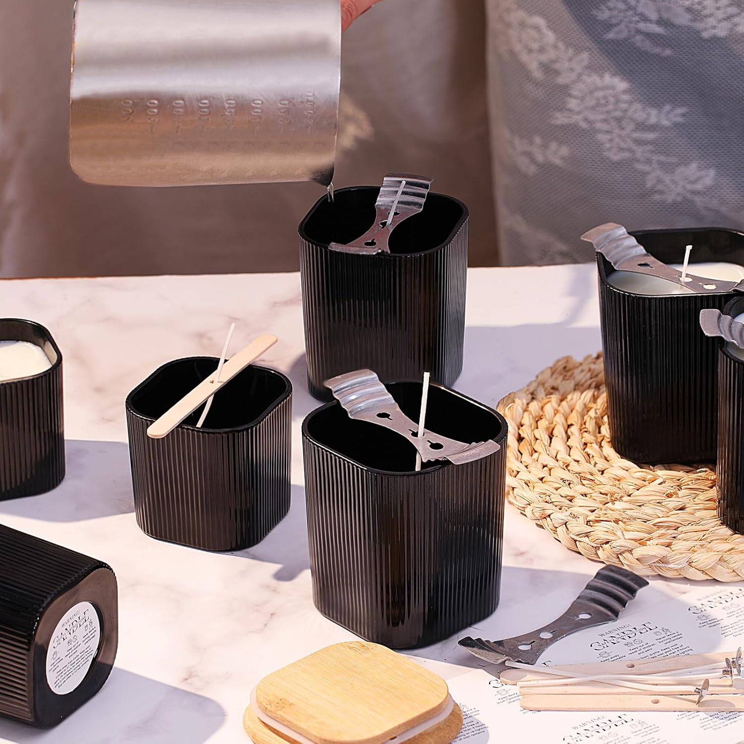 12 Pcs Matte Black Square Candle Jars with Bamboo Lids