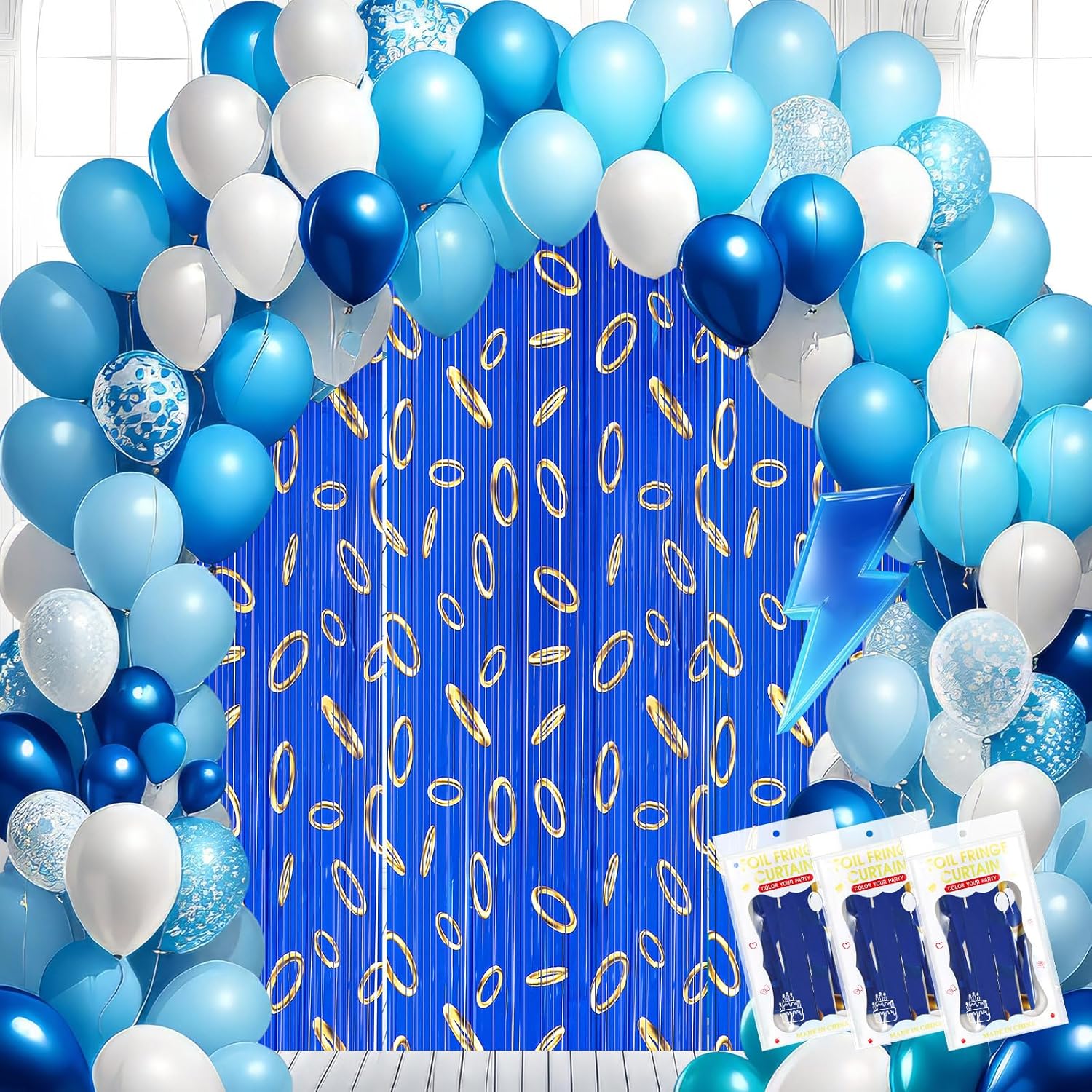 3 Pcs Blue with Gold Ring Print Party Backdrop Curtains