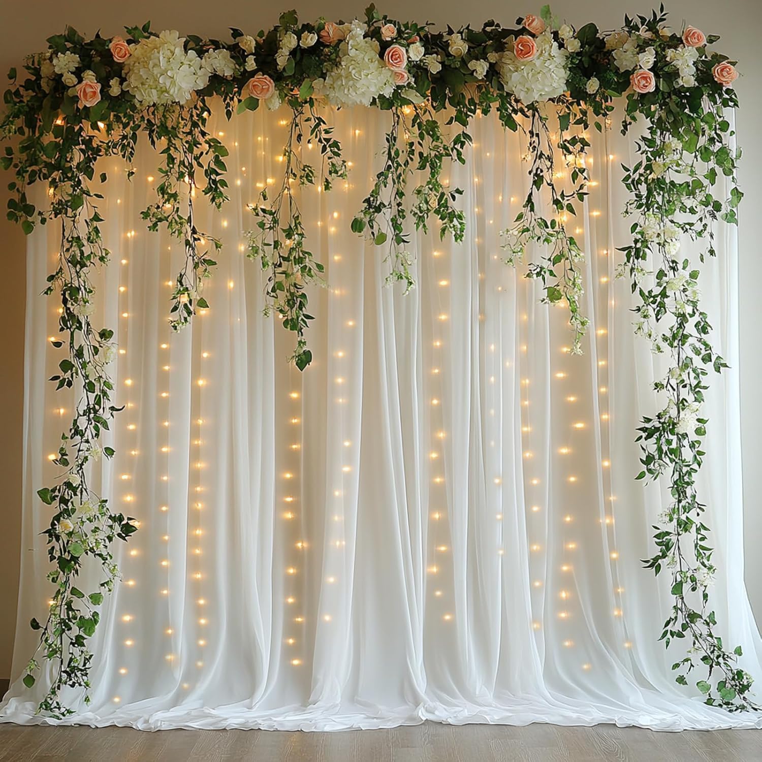 HOLITS Tulle Curtain Backdrop with 300 LED Fairy Lights 10ft x 10ft White