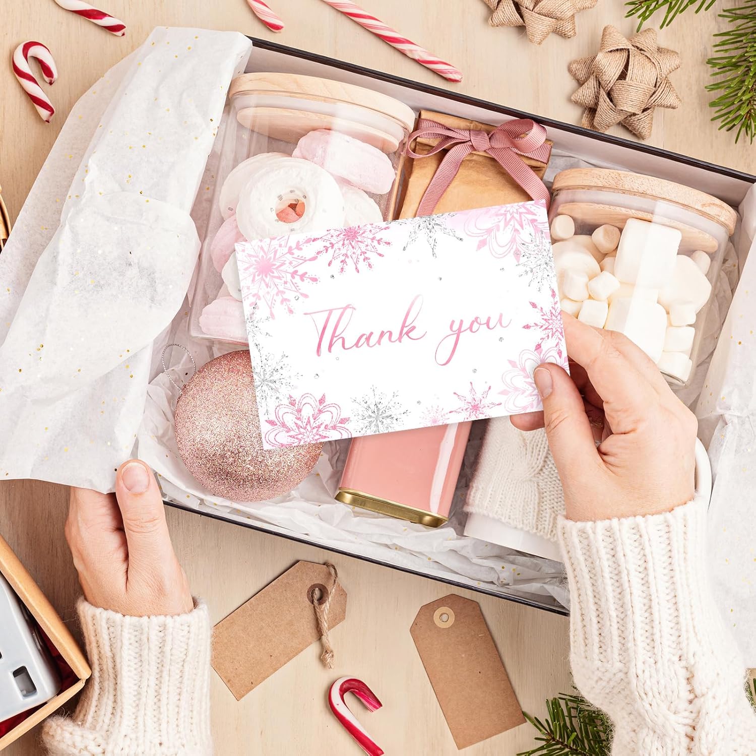 Whaline 24 Pack Pink Glitter Snowflake Thank You Cards with Envelopes