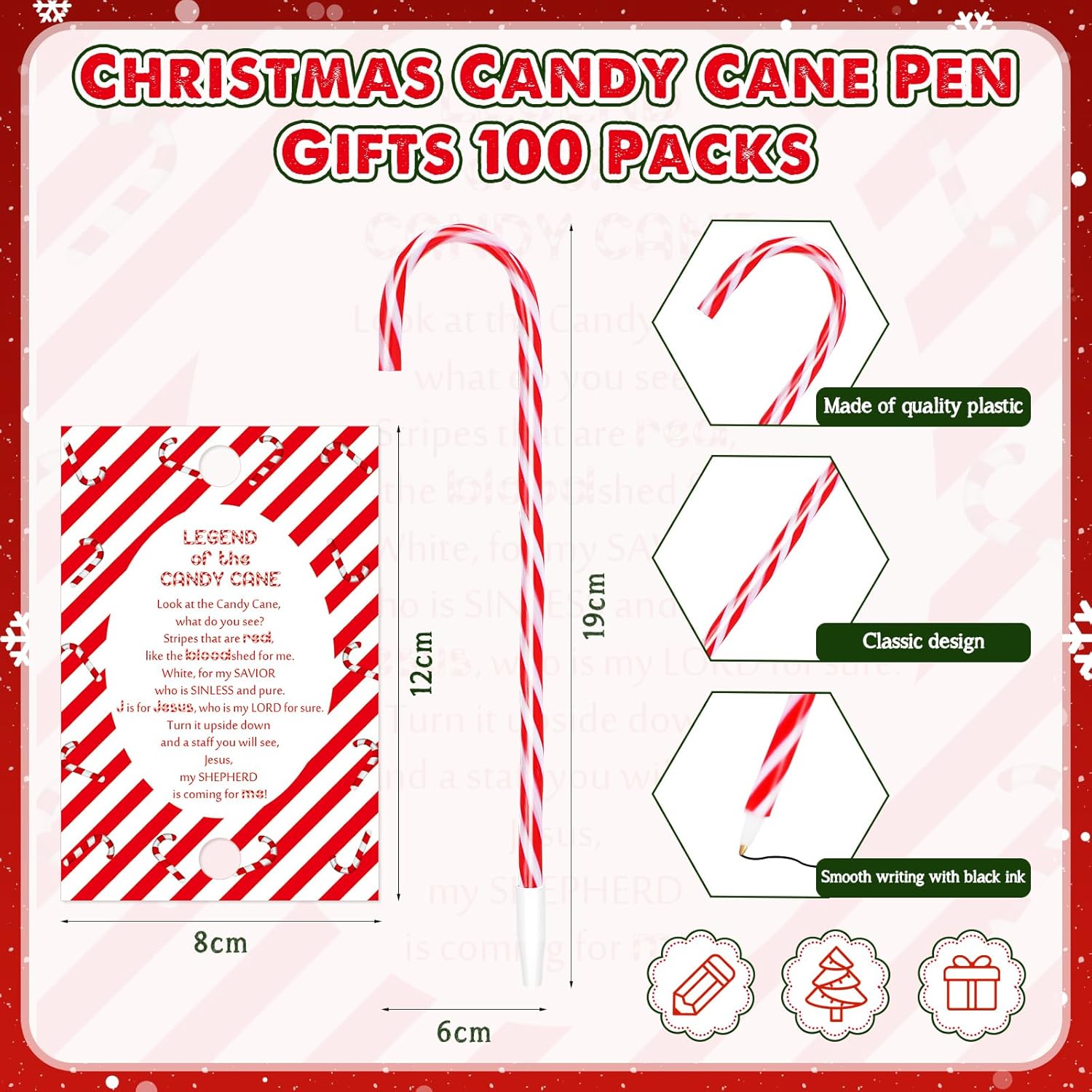 Qilery 100 Piece Christmas Candy Cane Pens with Cards