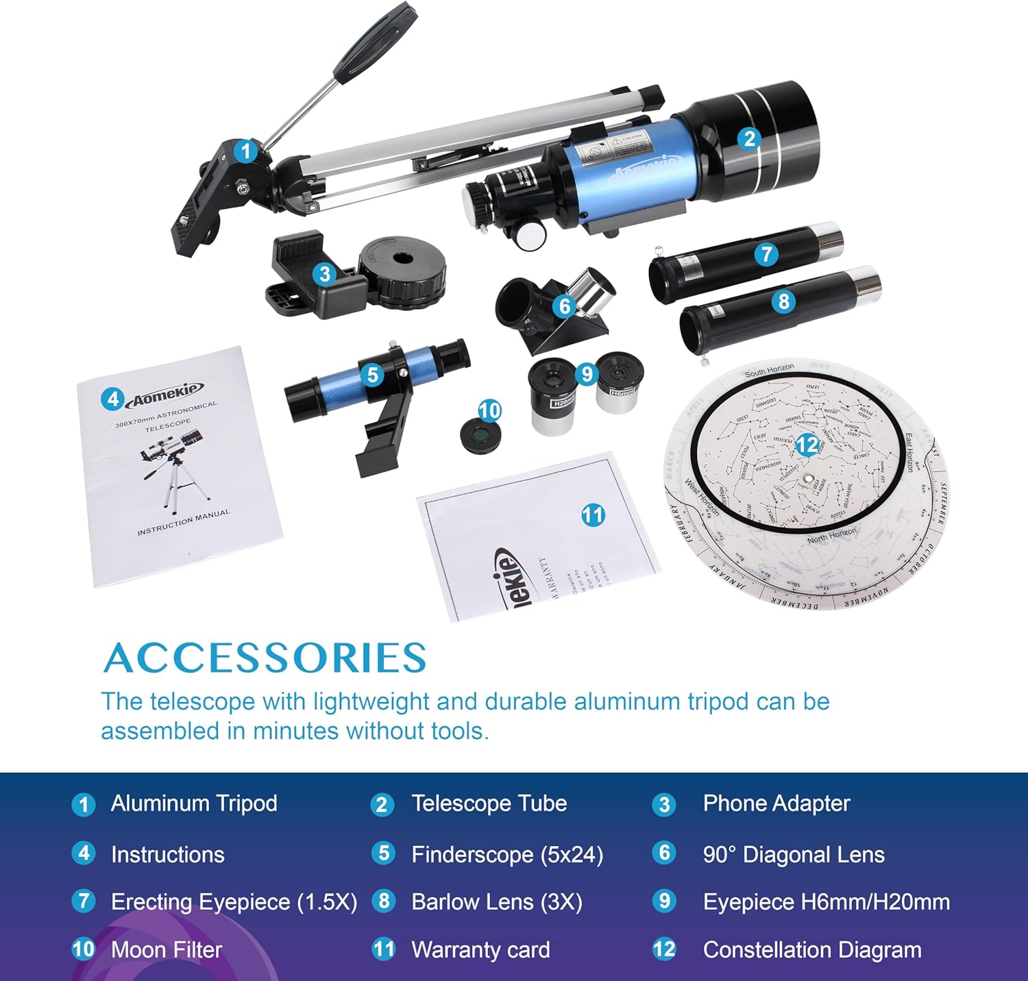 AOMEKIE 70mm Telescope with 300mm Tripod and Smartphone Adapter for Beginners