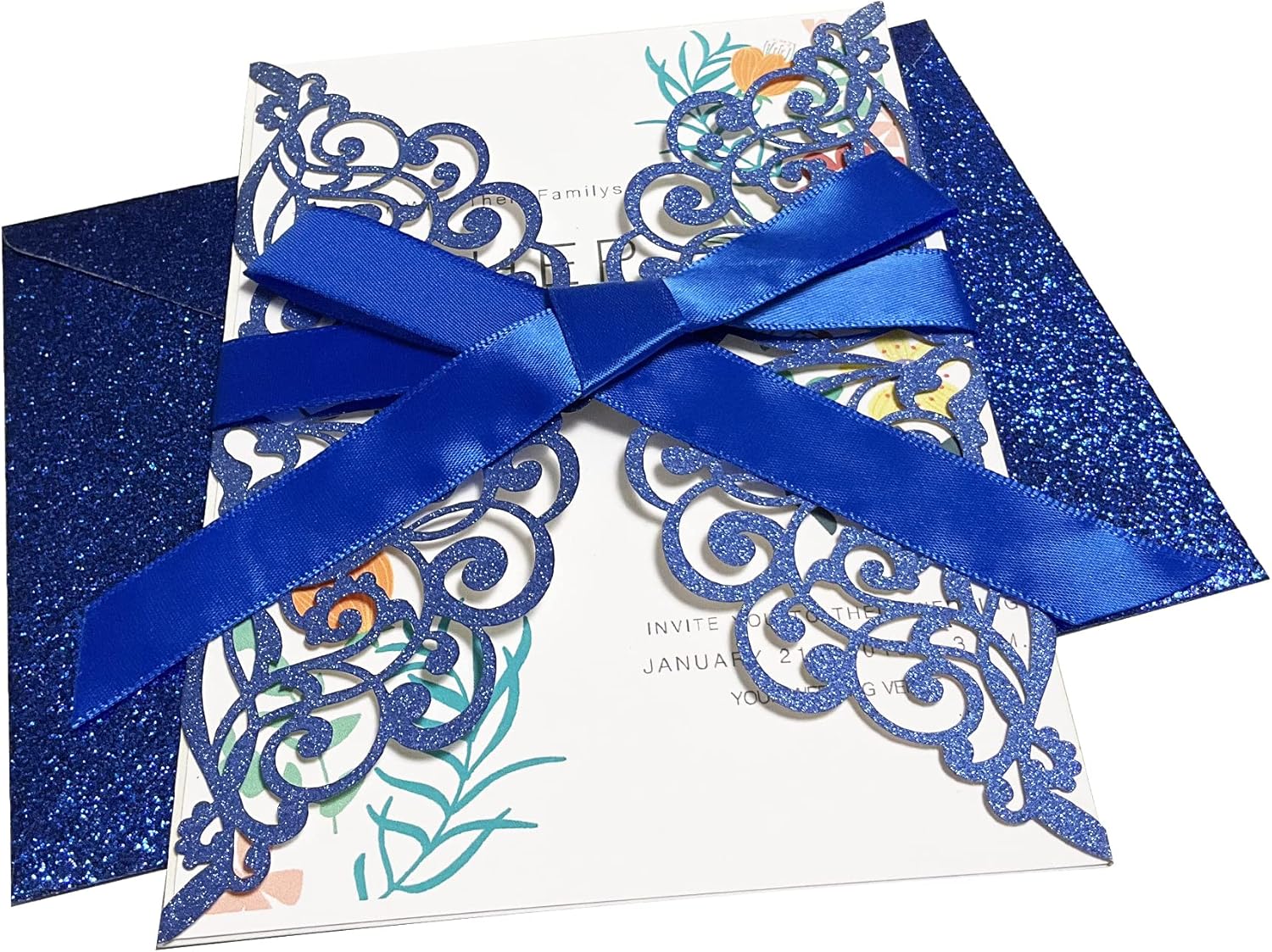 50Pcs Laser Cut Blue Wedding Invitations with Glitter Envelopes Ribbons