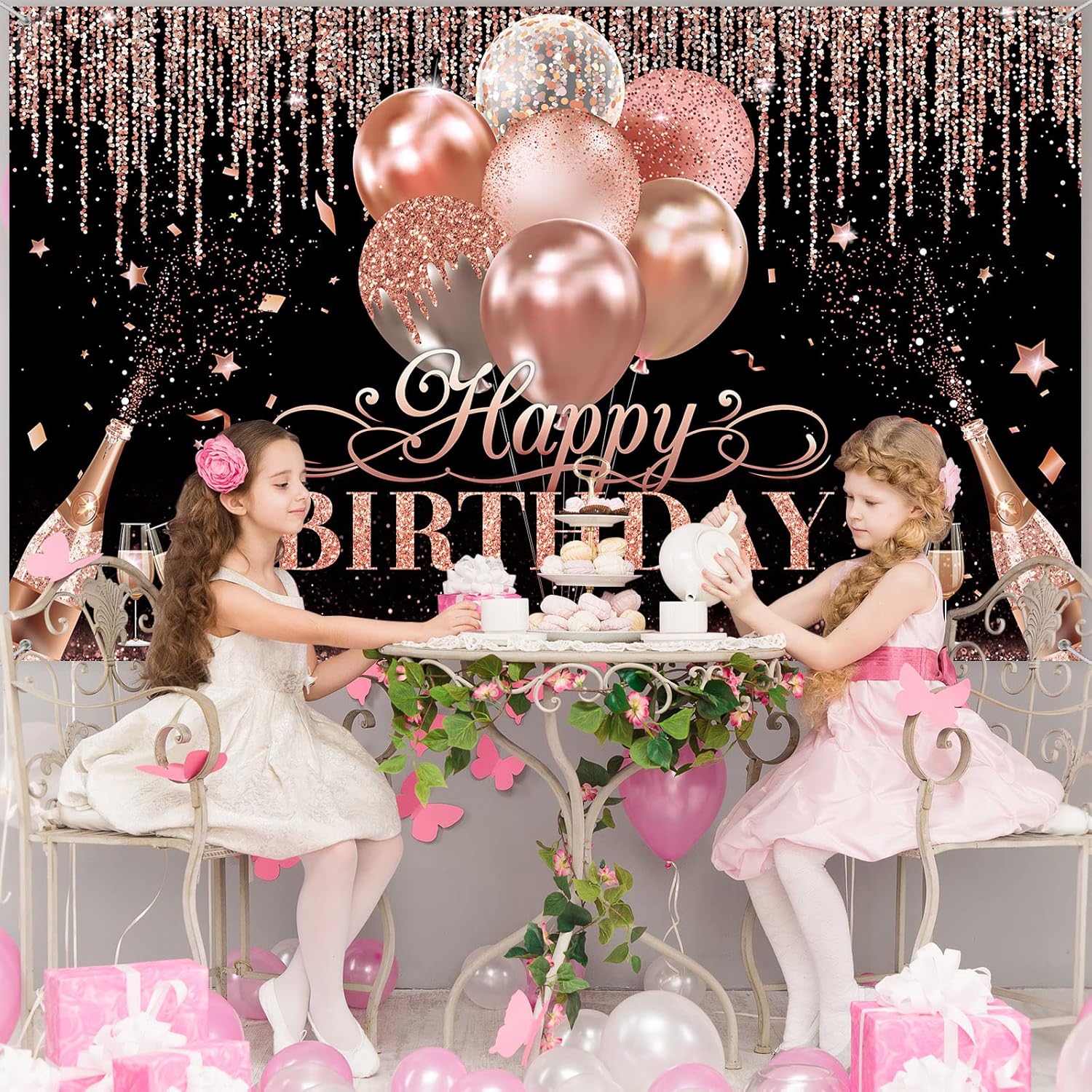 Tatuo Happy Birthday Backdrop Decorations Black Silver Rose Gold