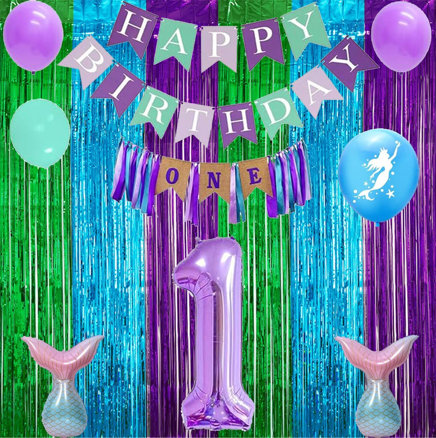 2 Pack 33ft x 66ft Green Blue Purple Tinsel Foil Backdrop