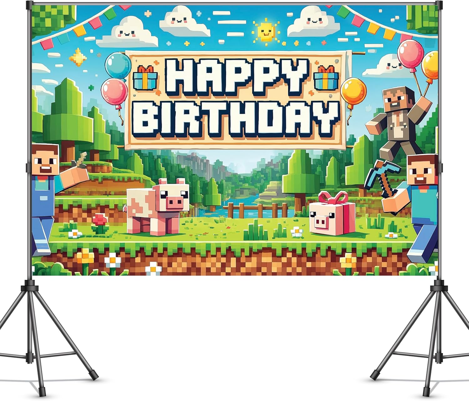 Pixel Gaming Birthday Banner for Boys 5x3ft Decorations