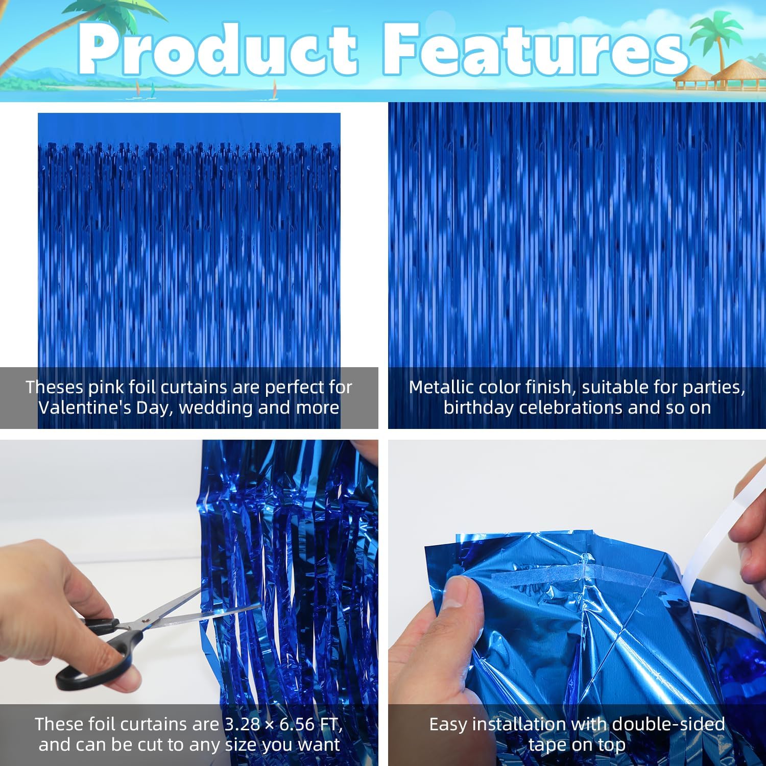 3 Pack Blue Foil Curtain Backdrop for Parties
