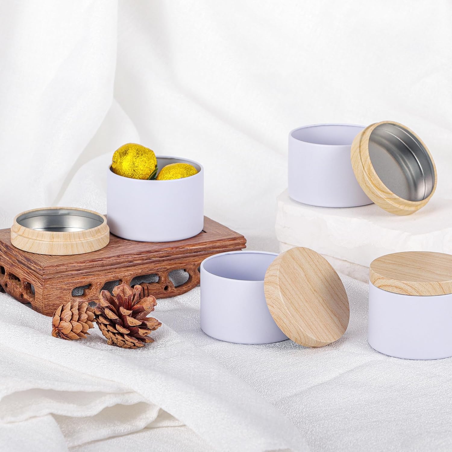 BOTINXIS 24 Pcs 4oz Matte White Candle Tins with Wood Grain Lids