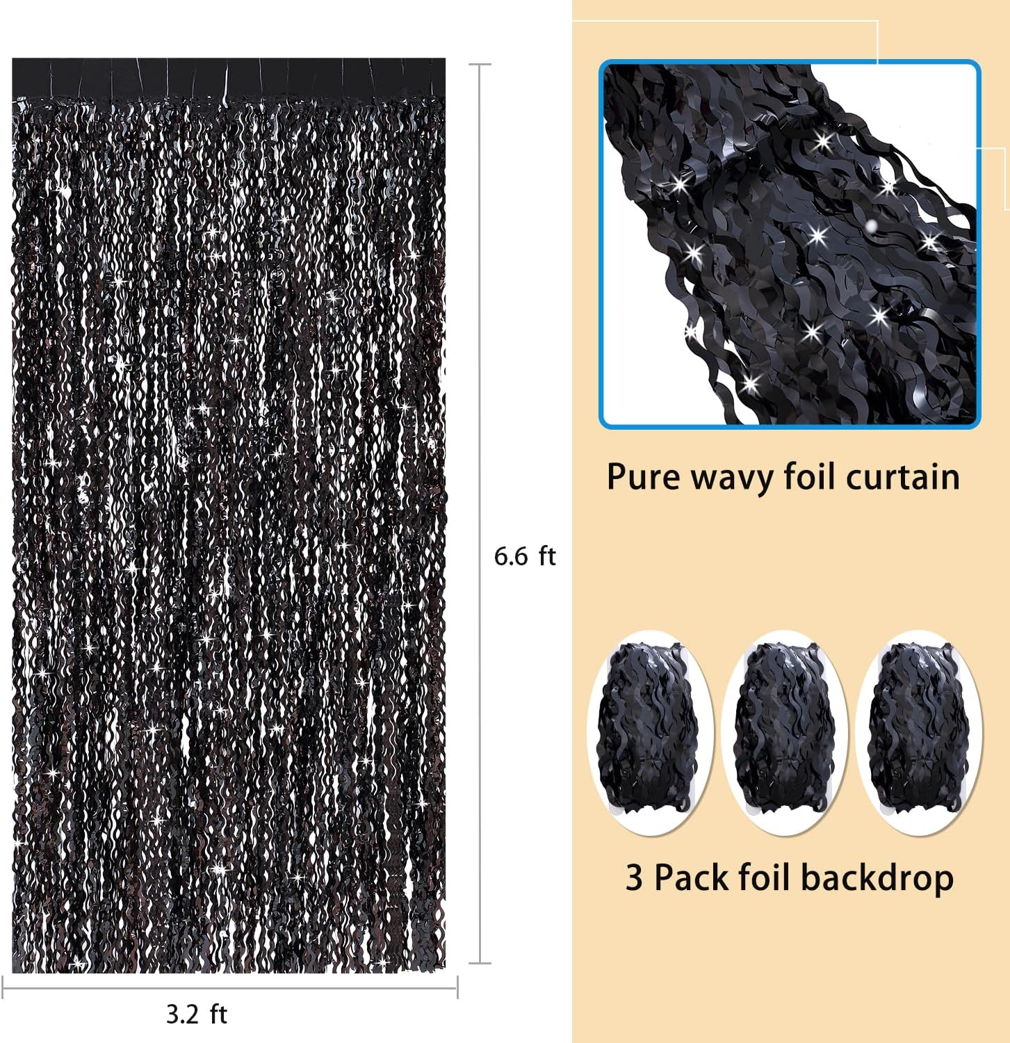 3 Pack Wavy Black Tinsel Curtains for Party Decor