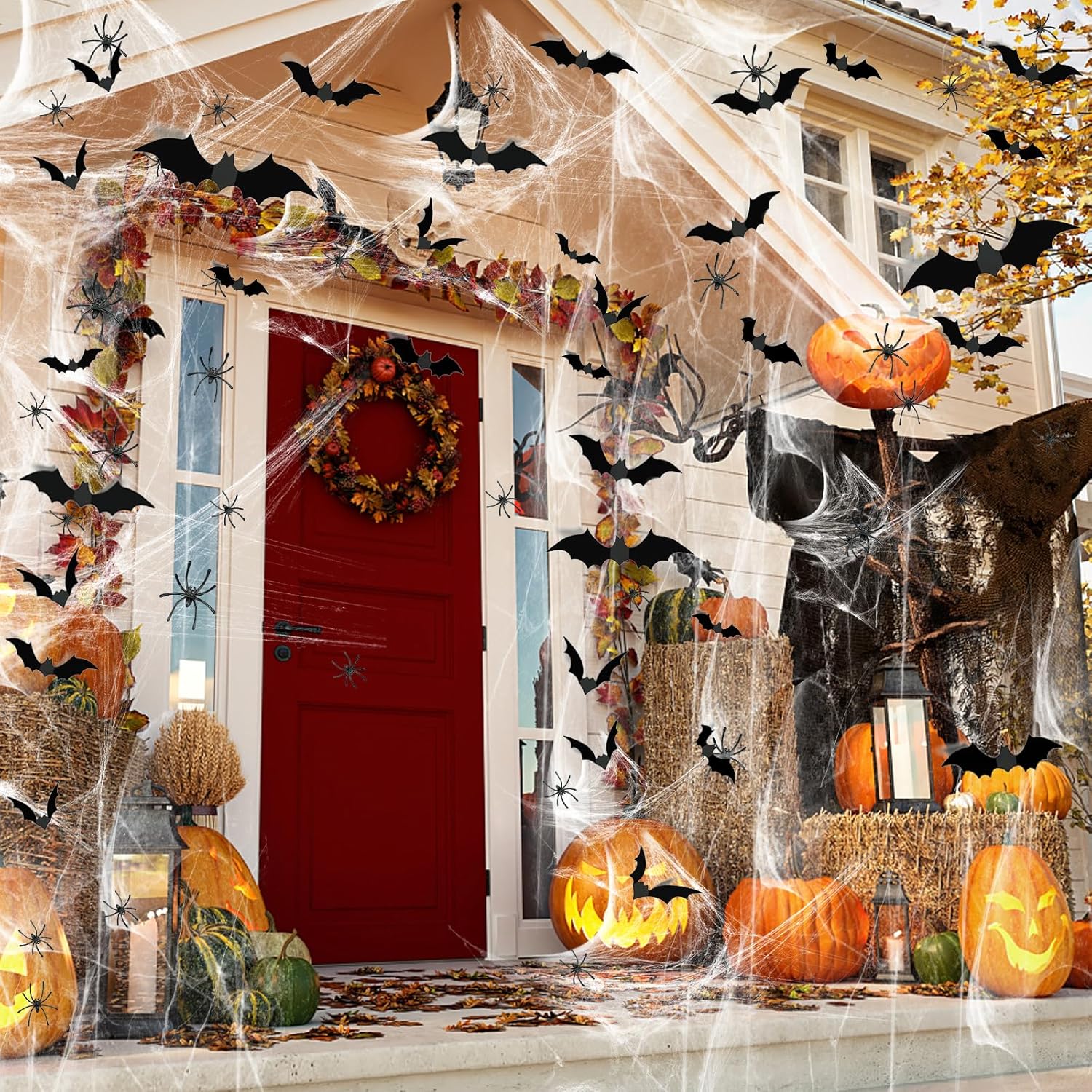 Famoby 1200 sqft Halloween Spider Webs and 120pcs Fake Bats