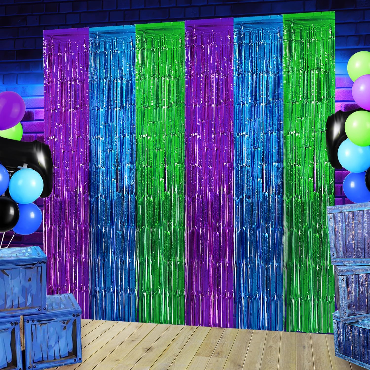 2 Pack Video Game Foil Fringe Curtains Backdrop for Birthday Parties