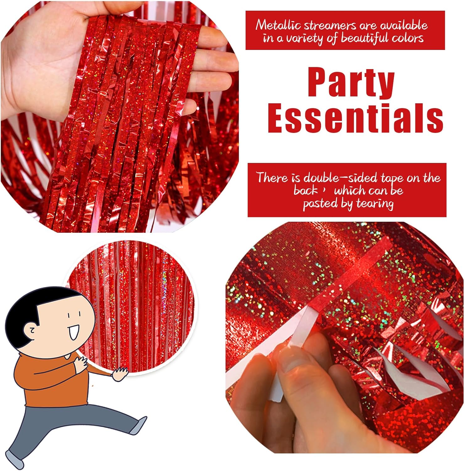 3 Pack Red Foil Fringe Party Backdrop Curtains