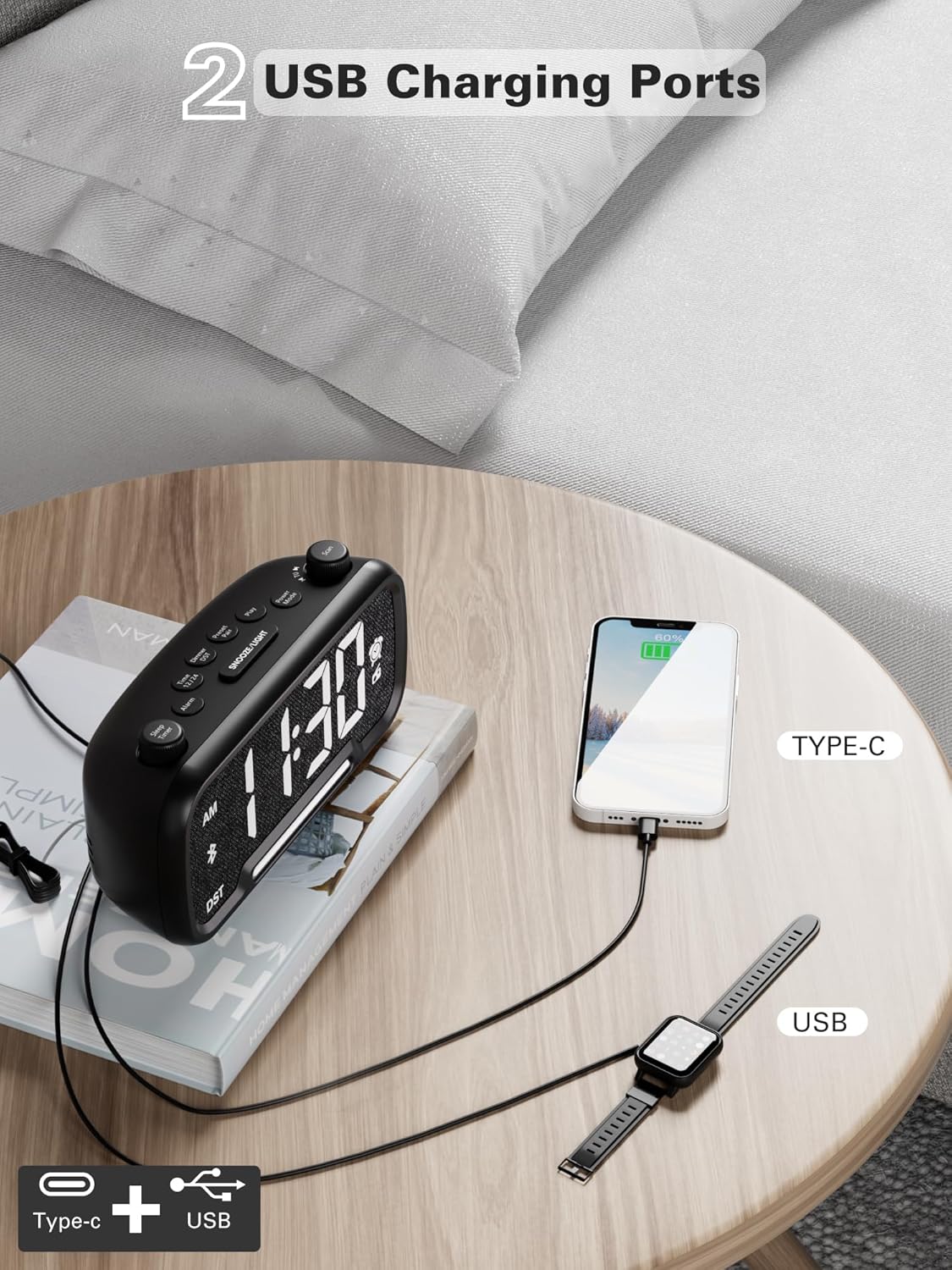 Digital Alarm Clock Radio with Bluetooth Speaker and Night Light