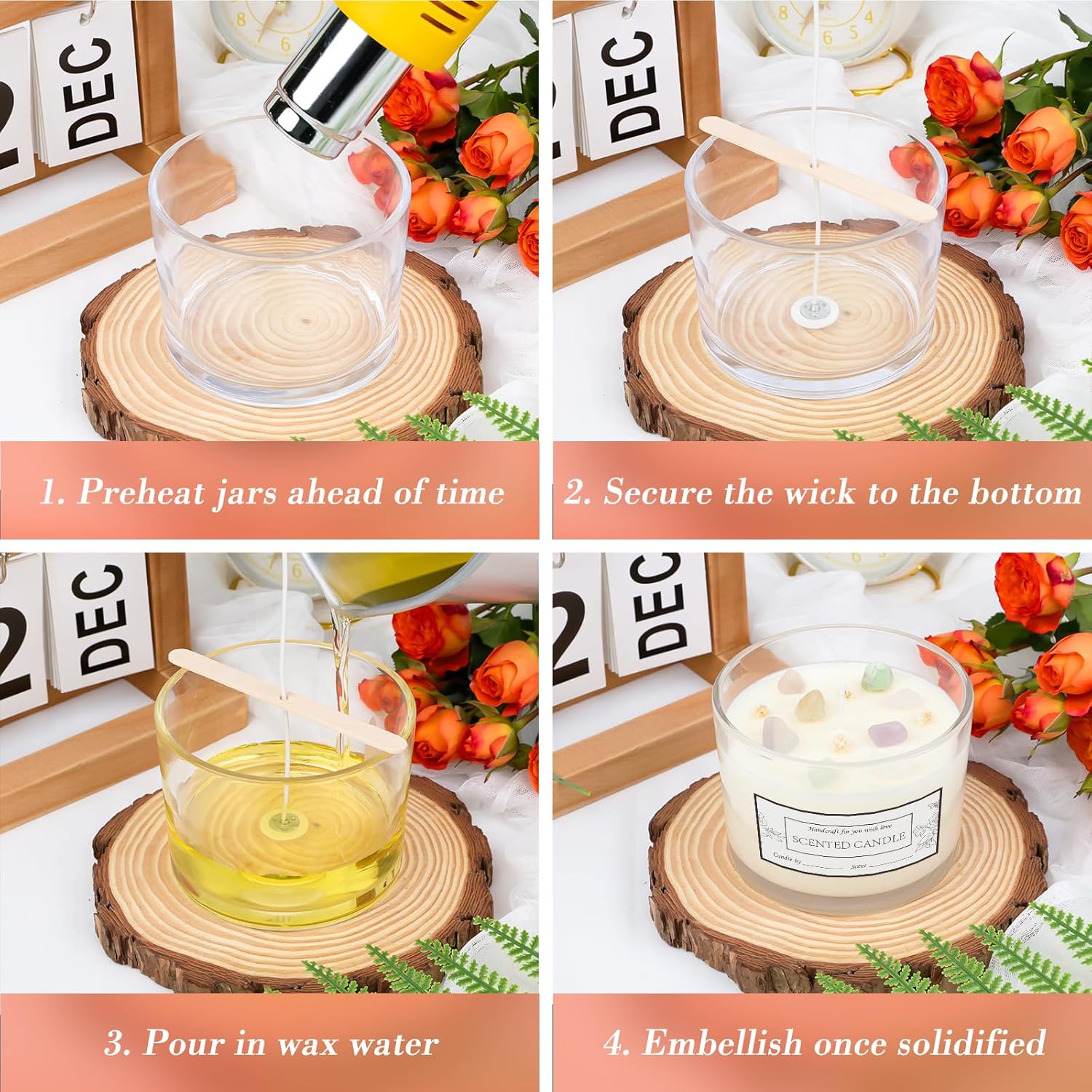 CONNOO 8 Pack 12 OZ Clear Glass Candle Jars with Airtight Bamboo Lids