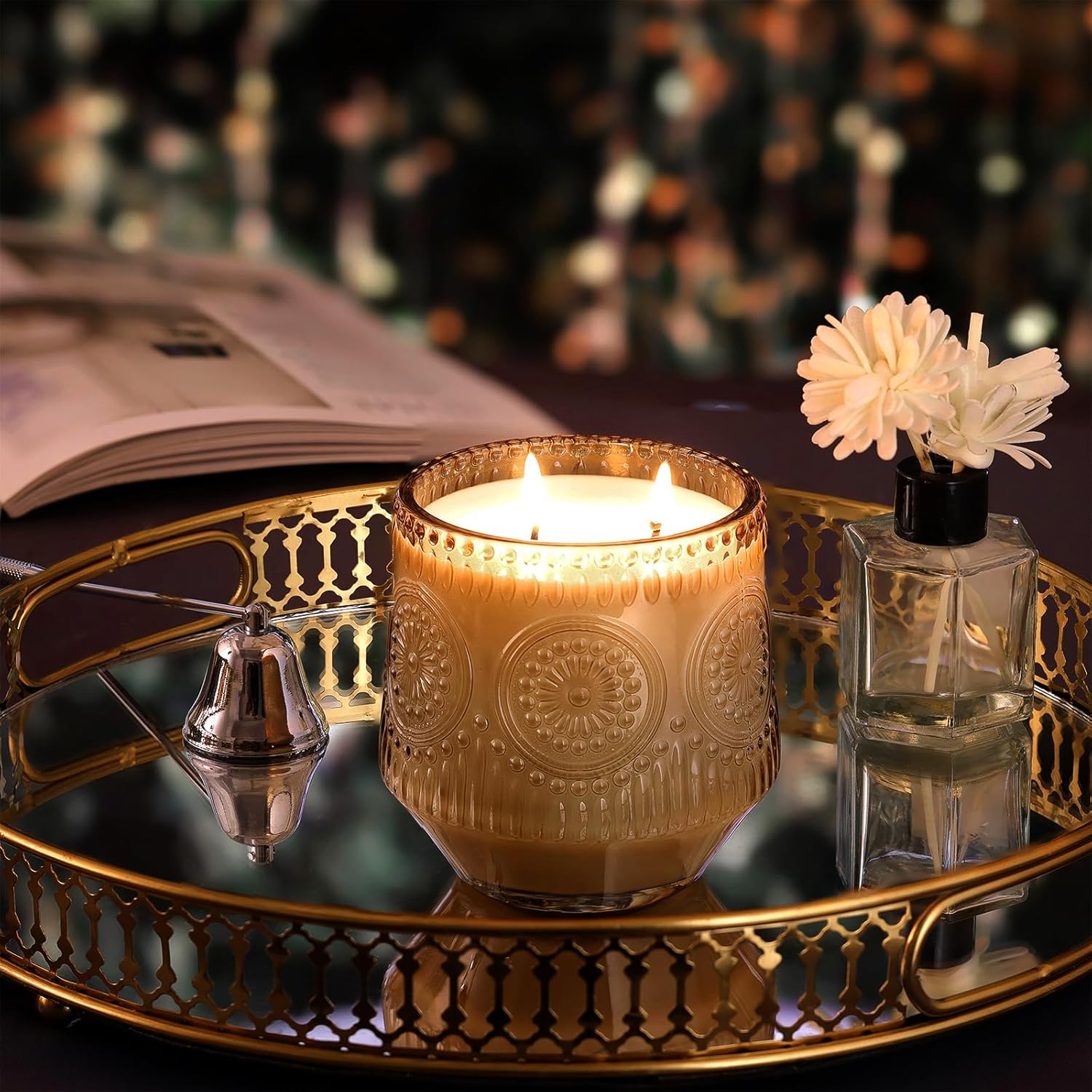 LAMORGIFT 6 Pack Large Candle Jars with Wooden Lids and Labels