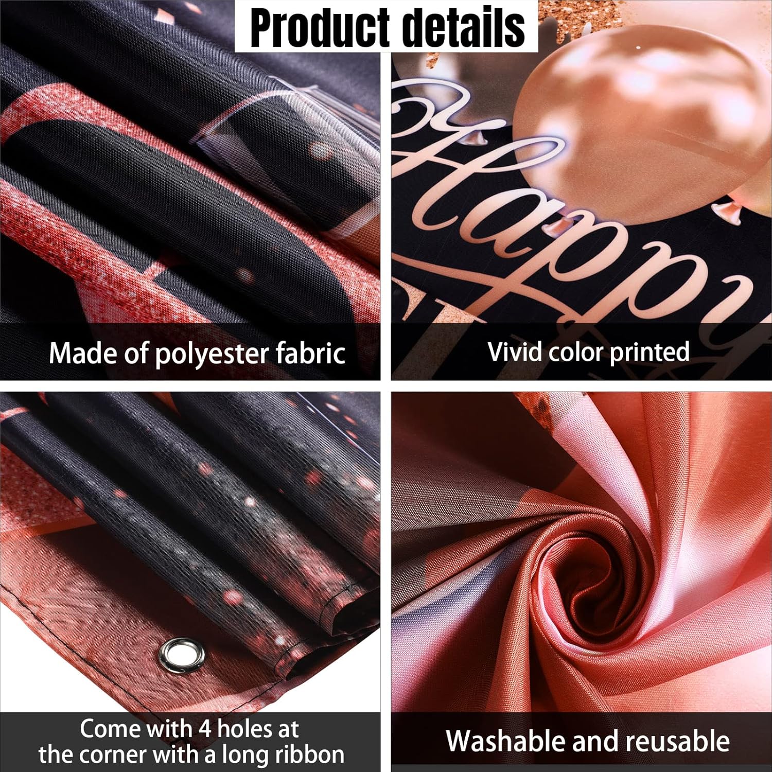 Tatuo Happy Birthday Backdrop Decorations Black Silver Rose Gold