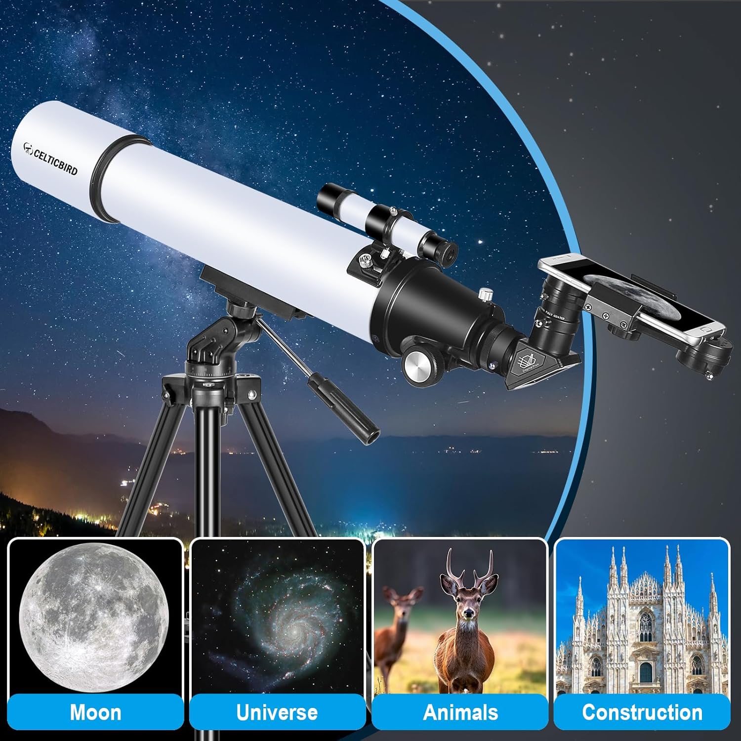 80mm Aperture Refractor Telescope with AZ Mount and Phone Adapter