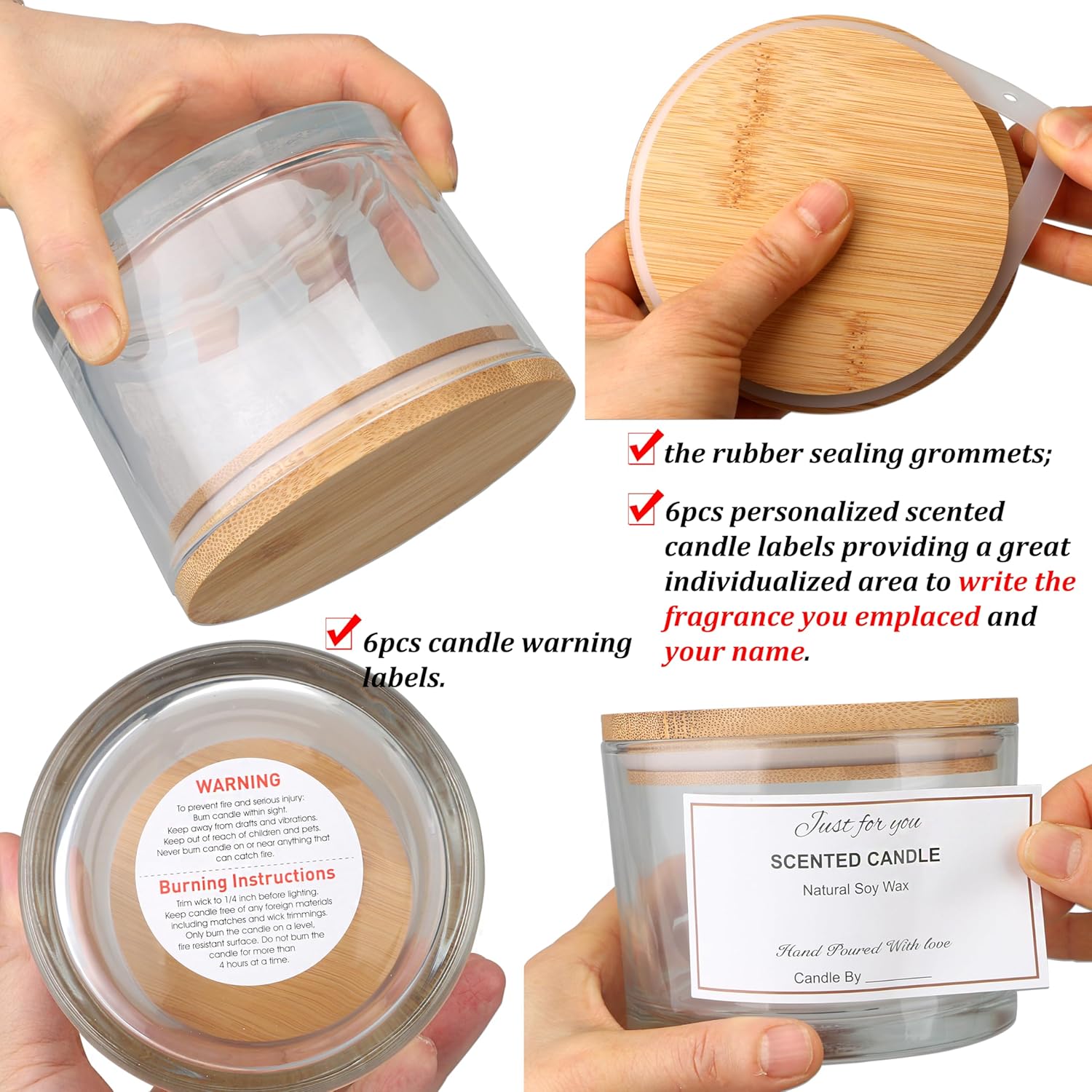 MILIVIXAY 6 Pack 16 oz Candle Jars with Bamboo Lids and Making Kit
