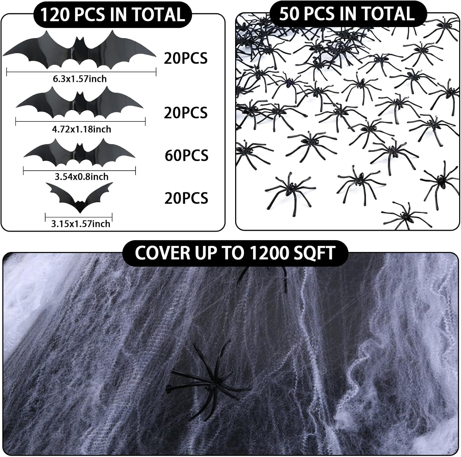 Famoby 1200 sqft Halloween Spider Webs and 120pcs Fake Bats