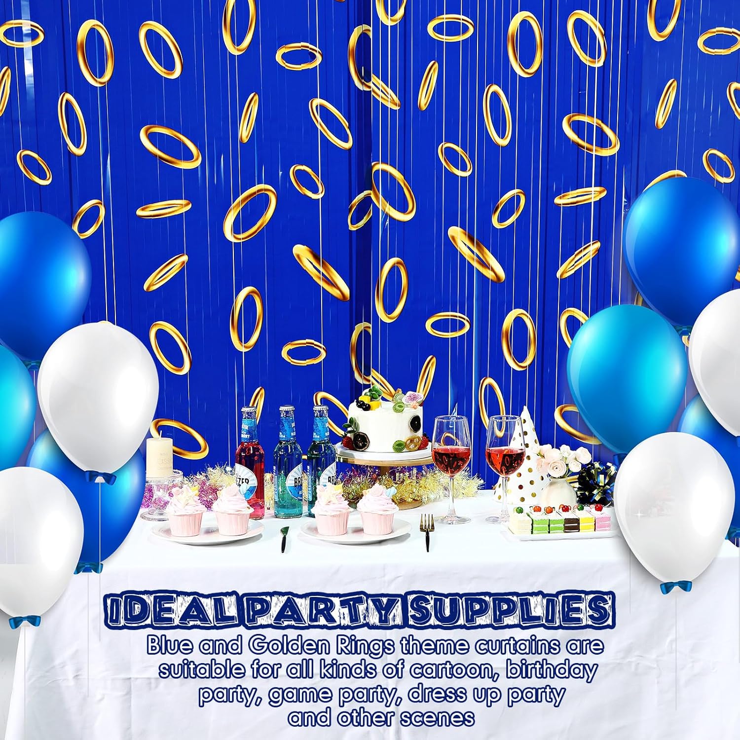 3 Pcs Blue with Gold Ring Print Party Backdrop Curtains