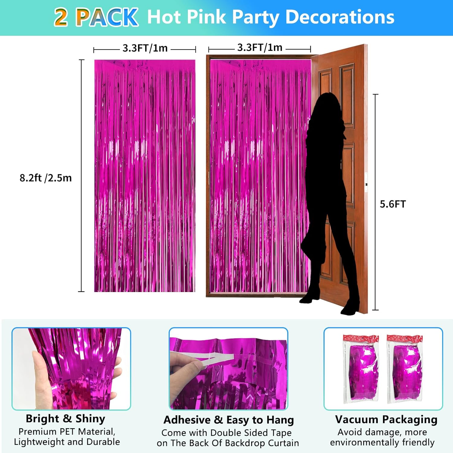 2 Pack Hot Pink Tinsel Backdrop for Party Decorations