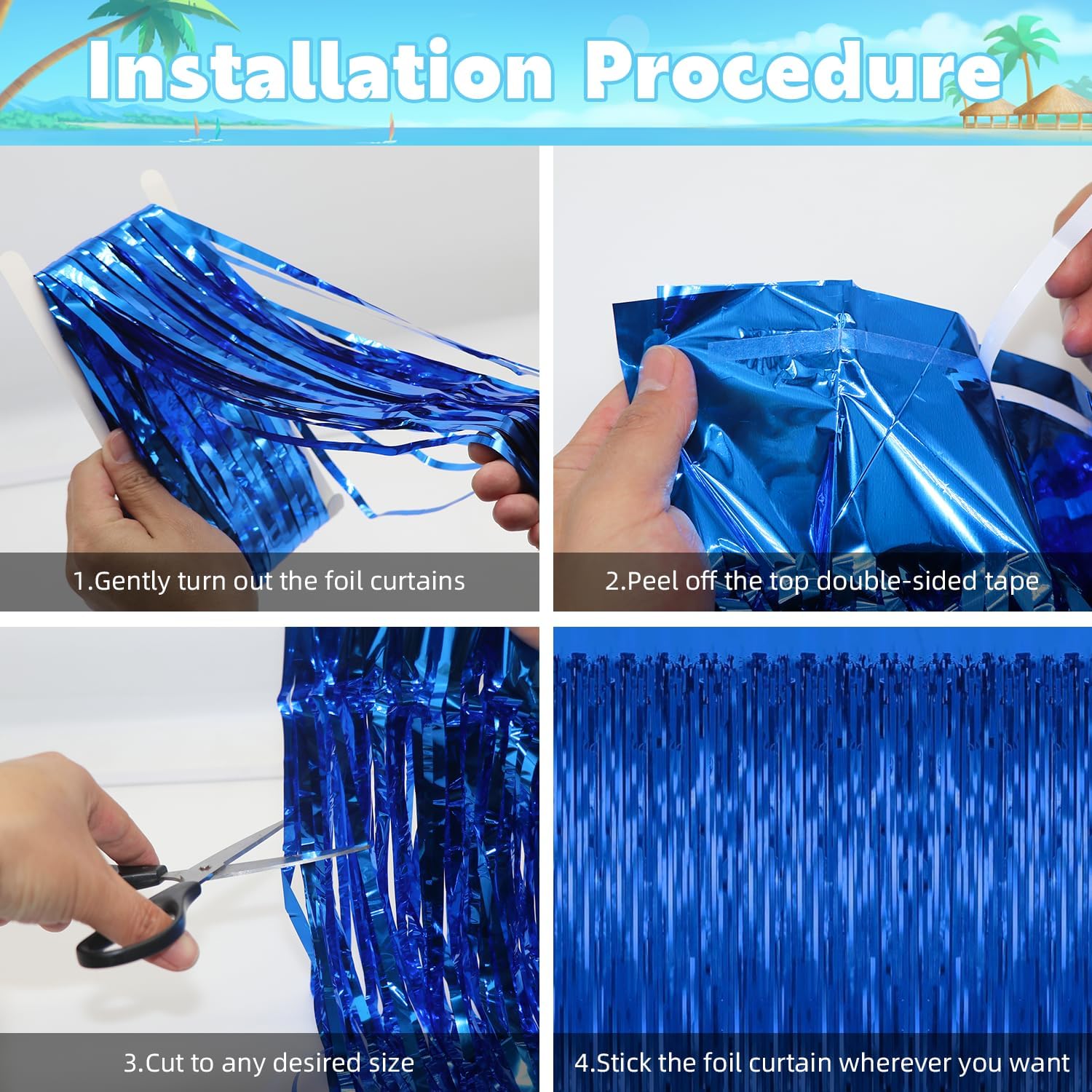 3 Pack Blue Foil Curtain Backdrop for Parties